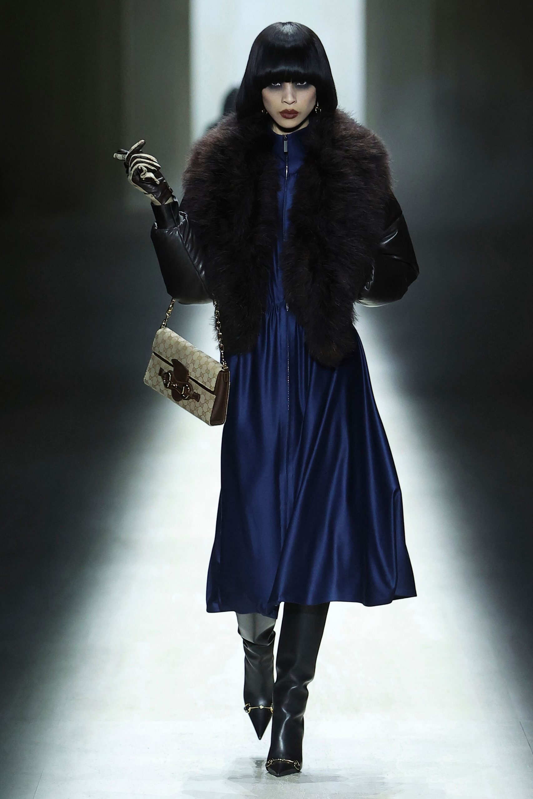 blue silk long-sleeve collared fitted draped shiny dress