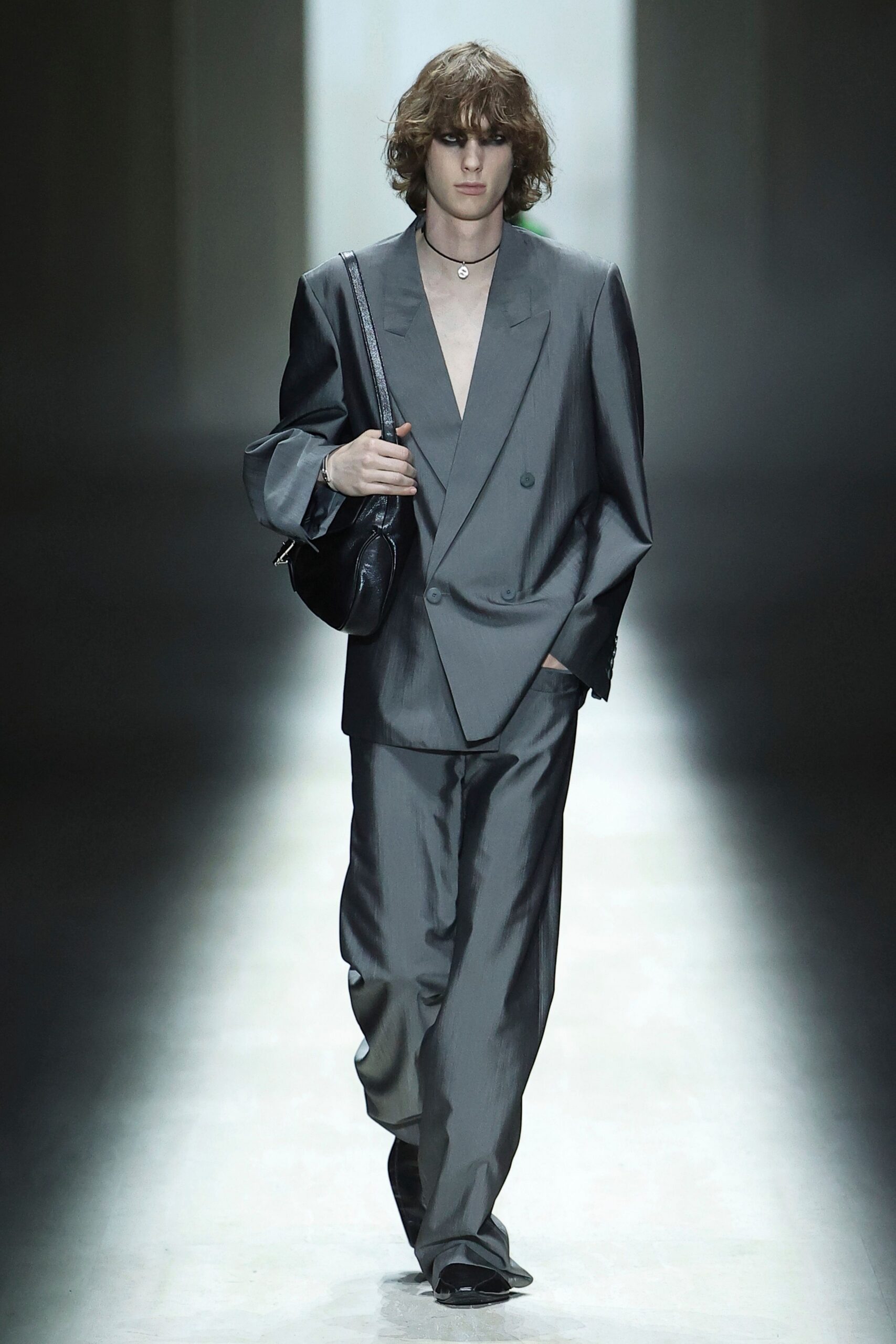 gray silk long-sleeve v-neck tailored buttoned shiny suit