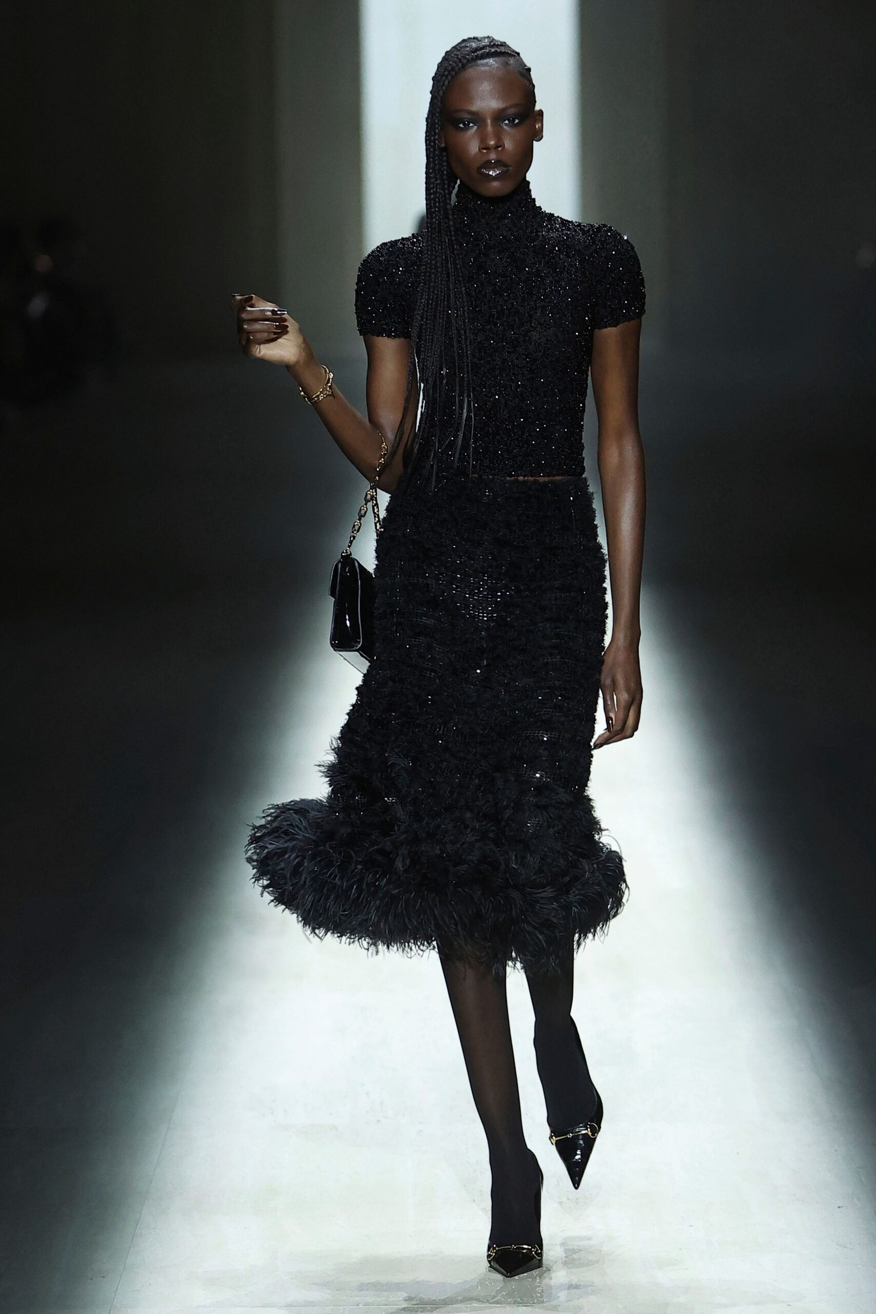 black feather fitted ruffled midi skirt