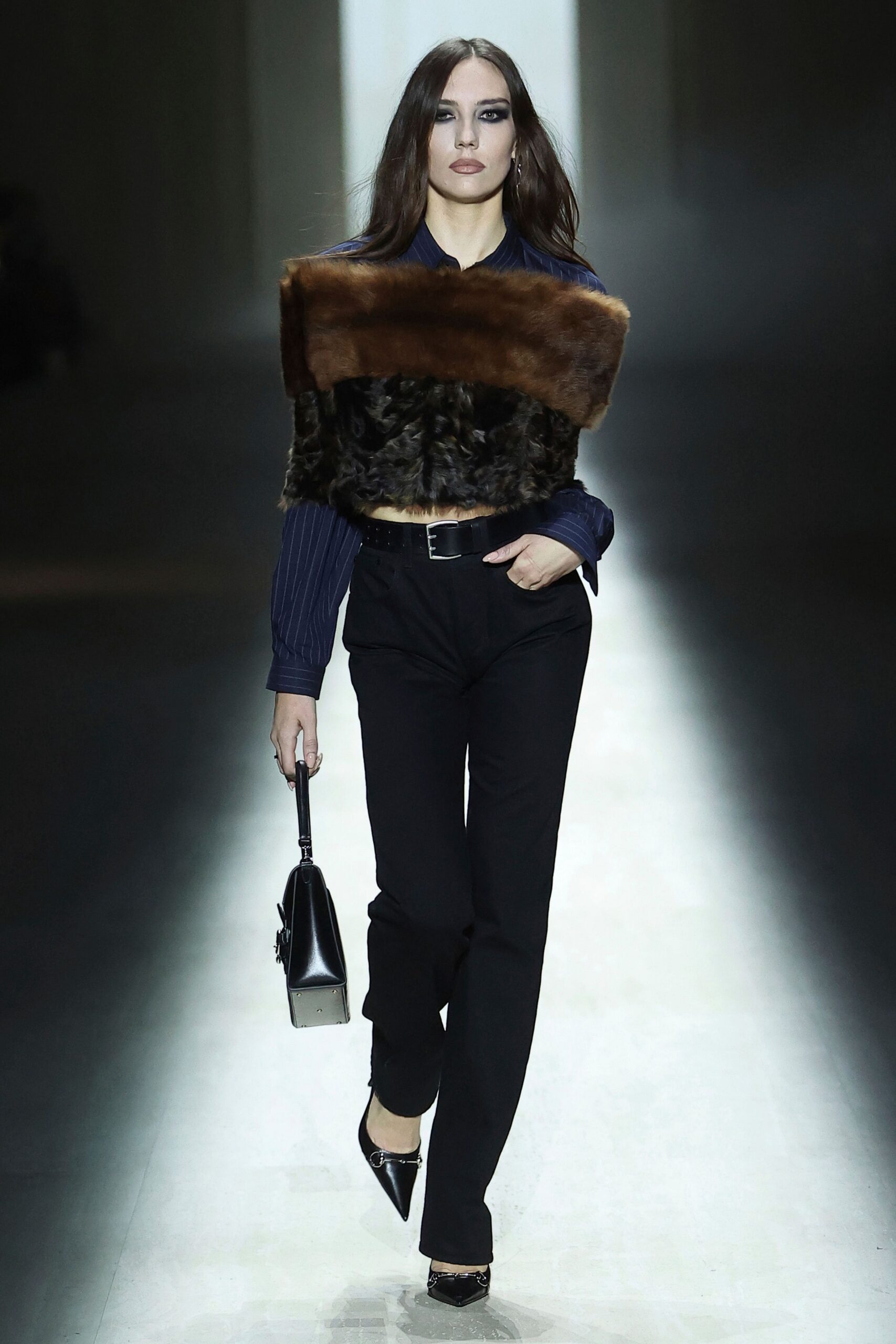 blue fur long-sleeve collared fitted cropped top