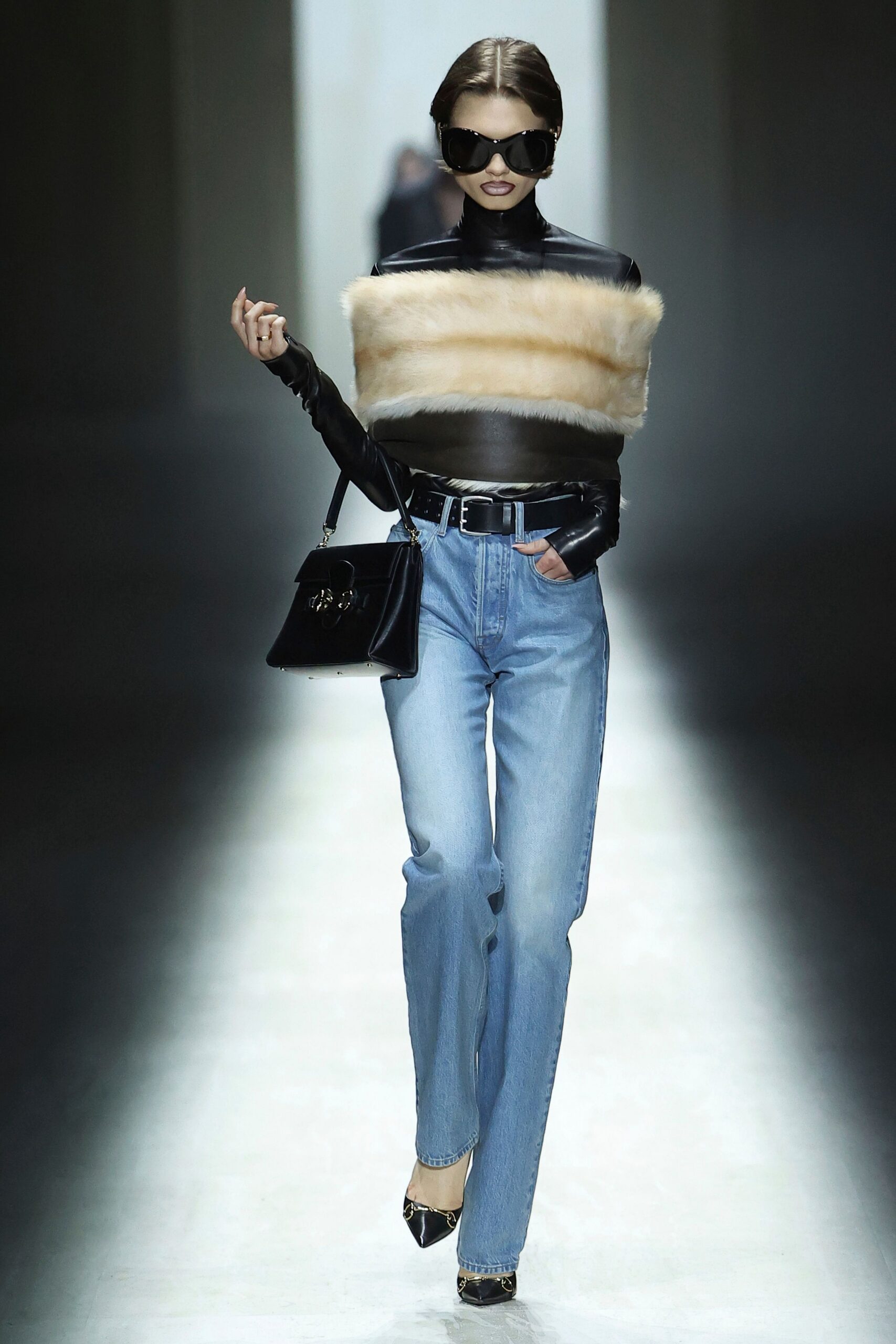 black leather long-sleeve off-shoulder fitted top