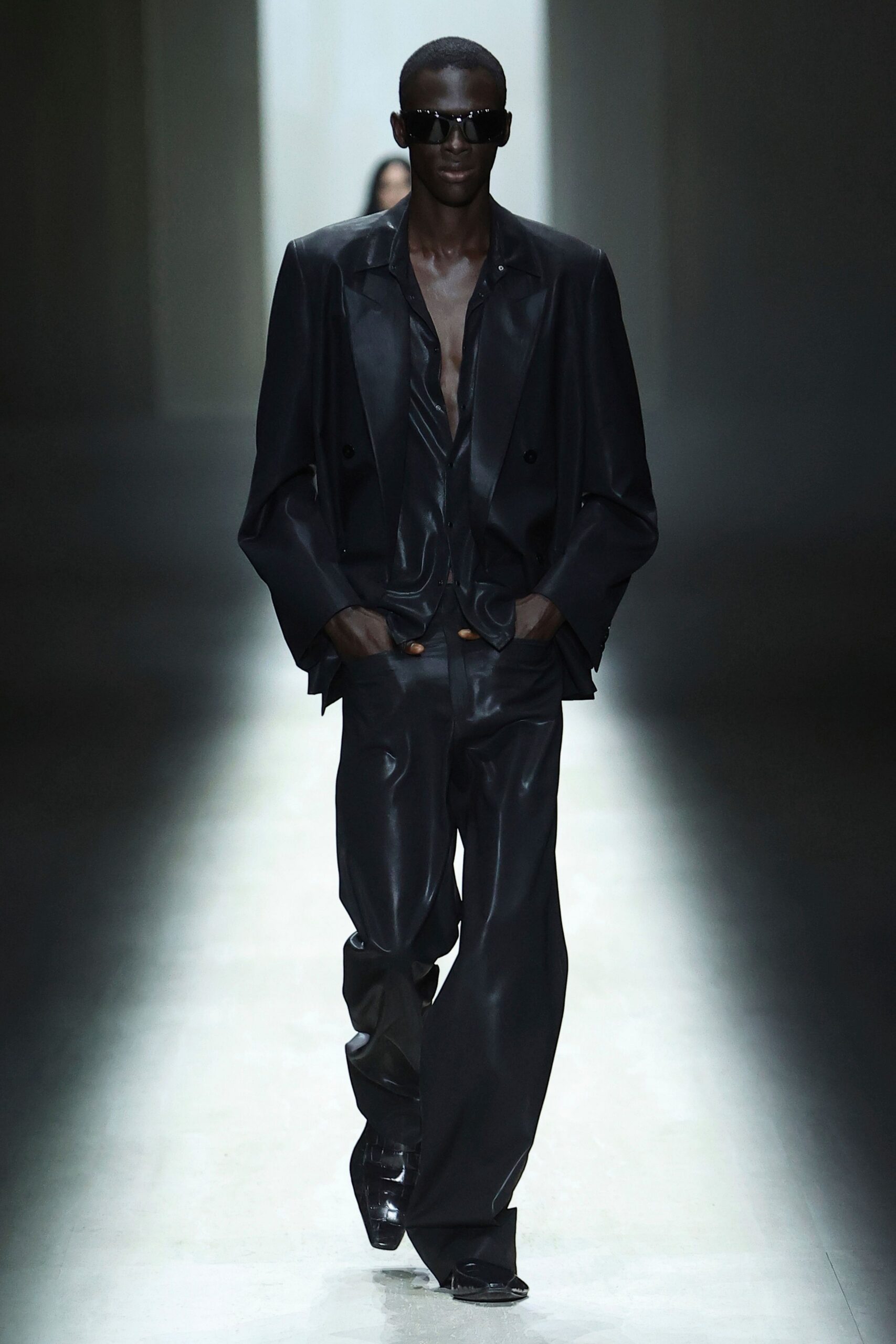 black leather long-sleeve collared relaxed buttoned wide-leg suit