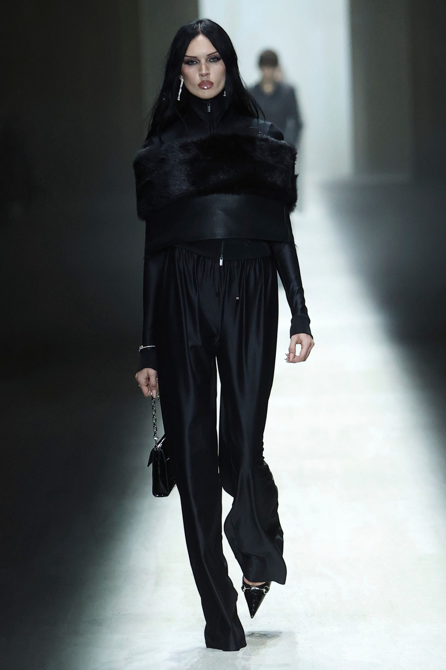 black silk long-sleeve high-neck fitted zippered pockets jumpsuit