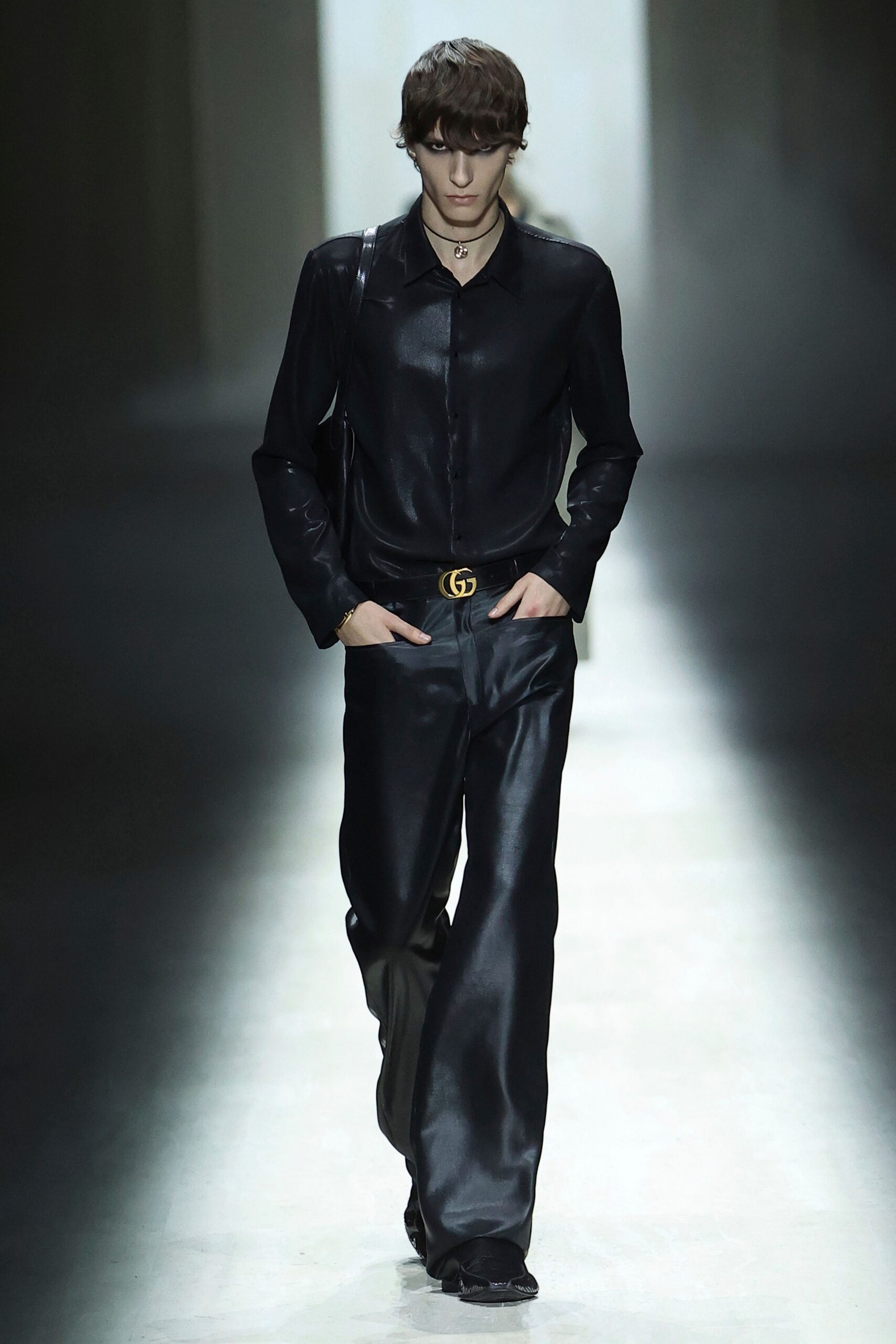 black silk long-sleeve collared fitted shiny shirt