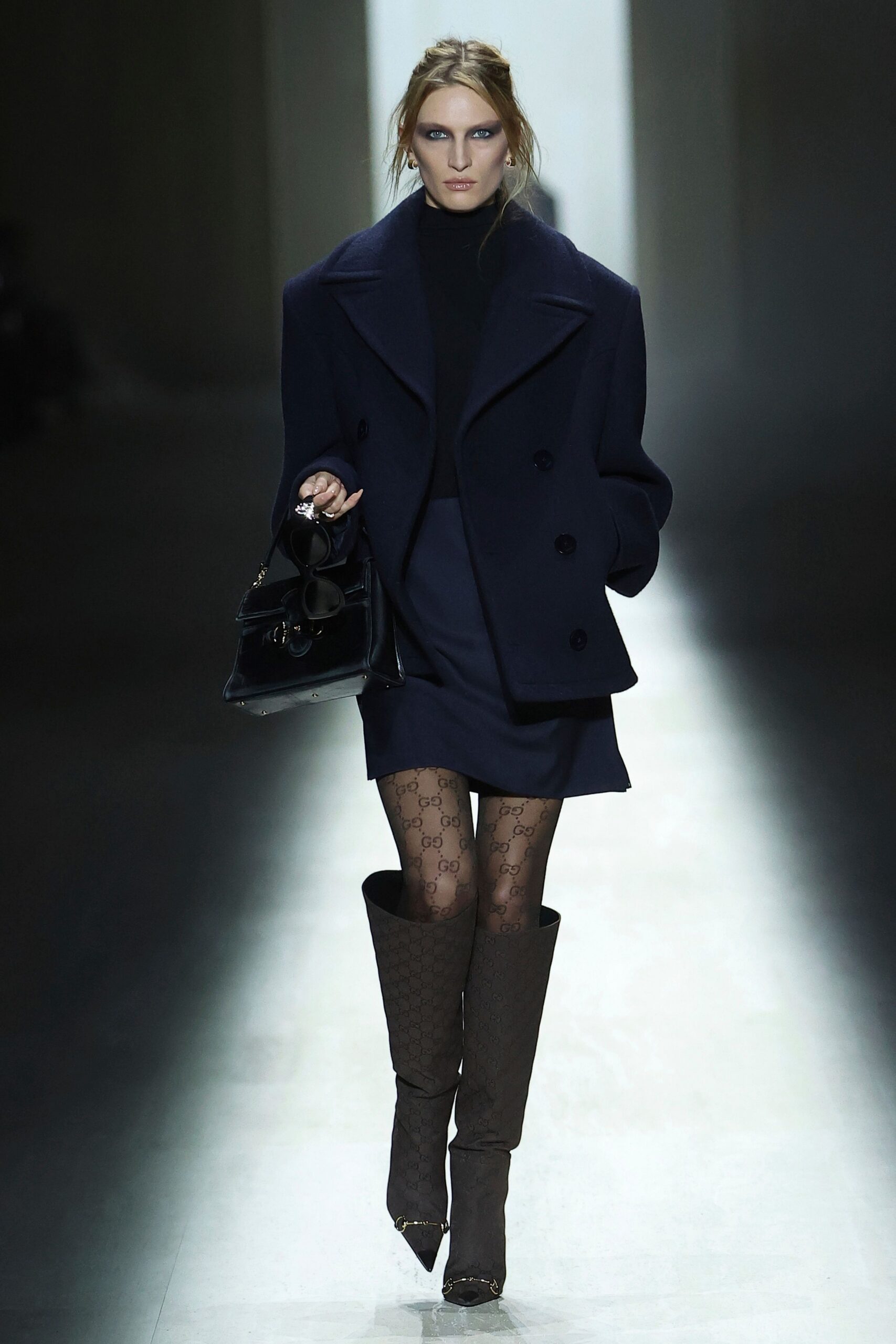 blue wool long-sleeve collared structured coat