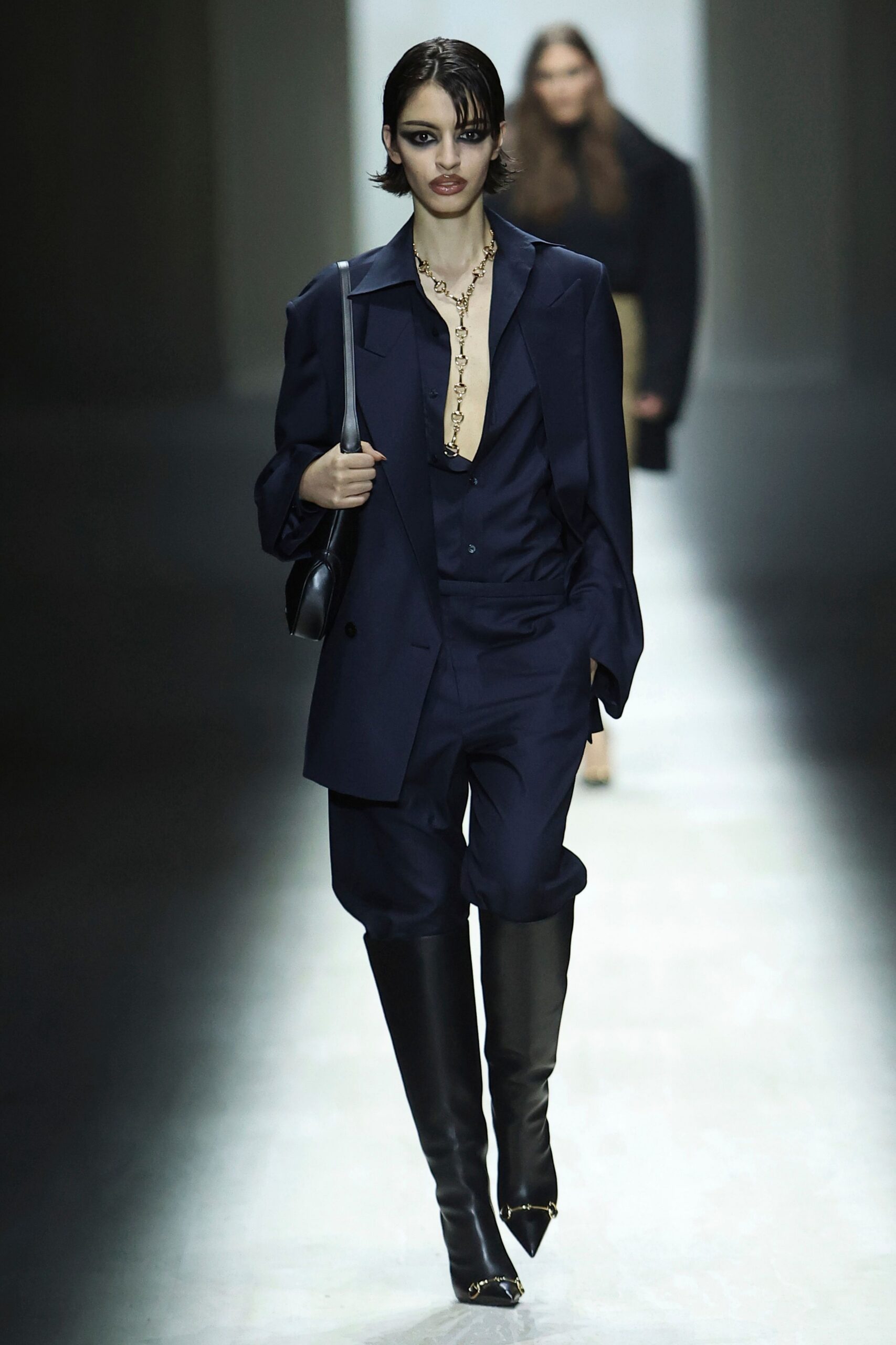 blue silk long-sleeve collared tailored buttoned suit