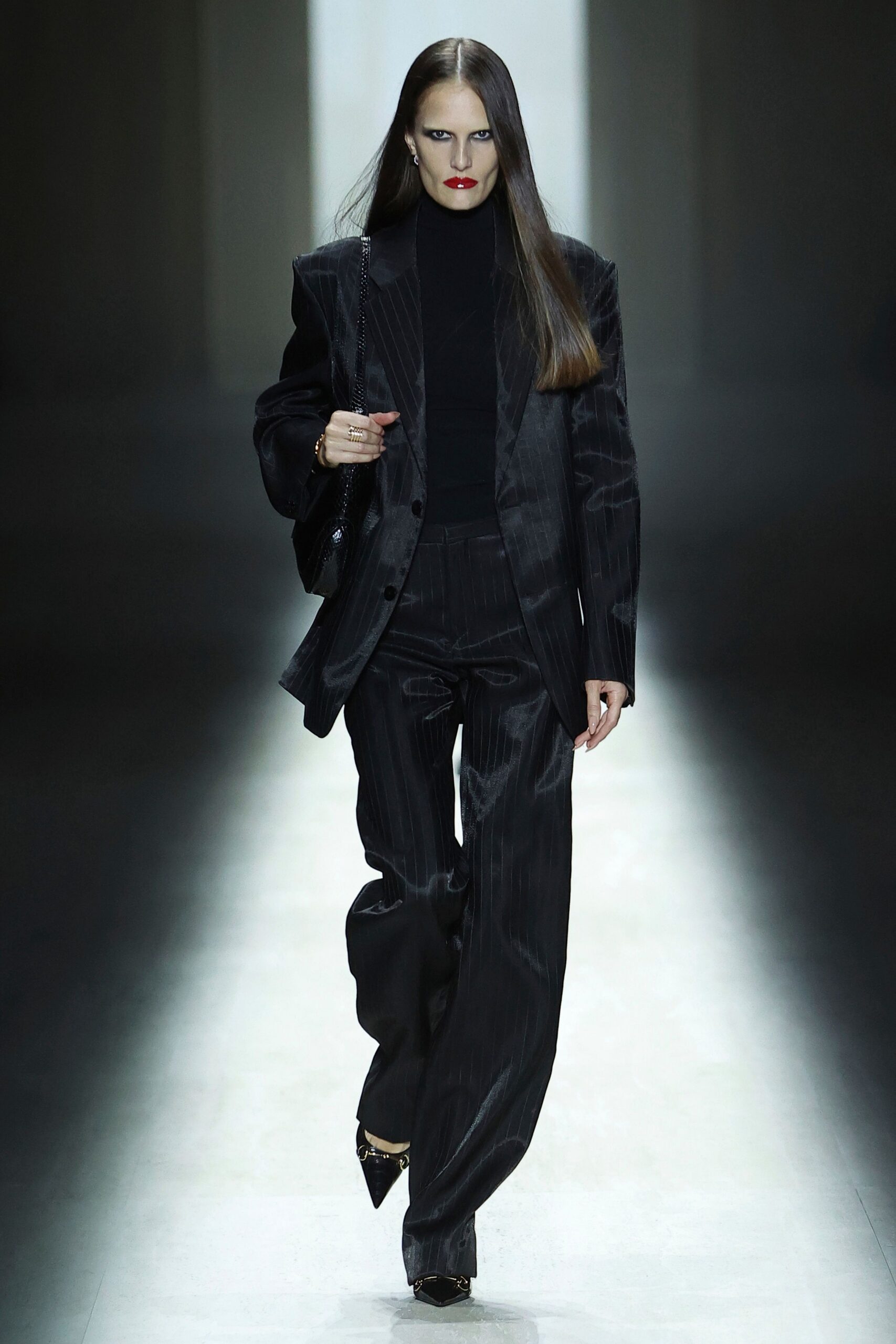 black silk long-sleeve collared tailored striped suit