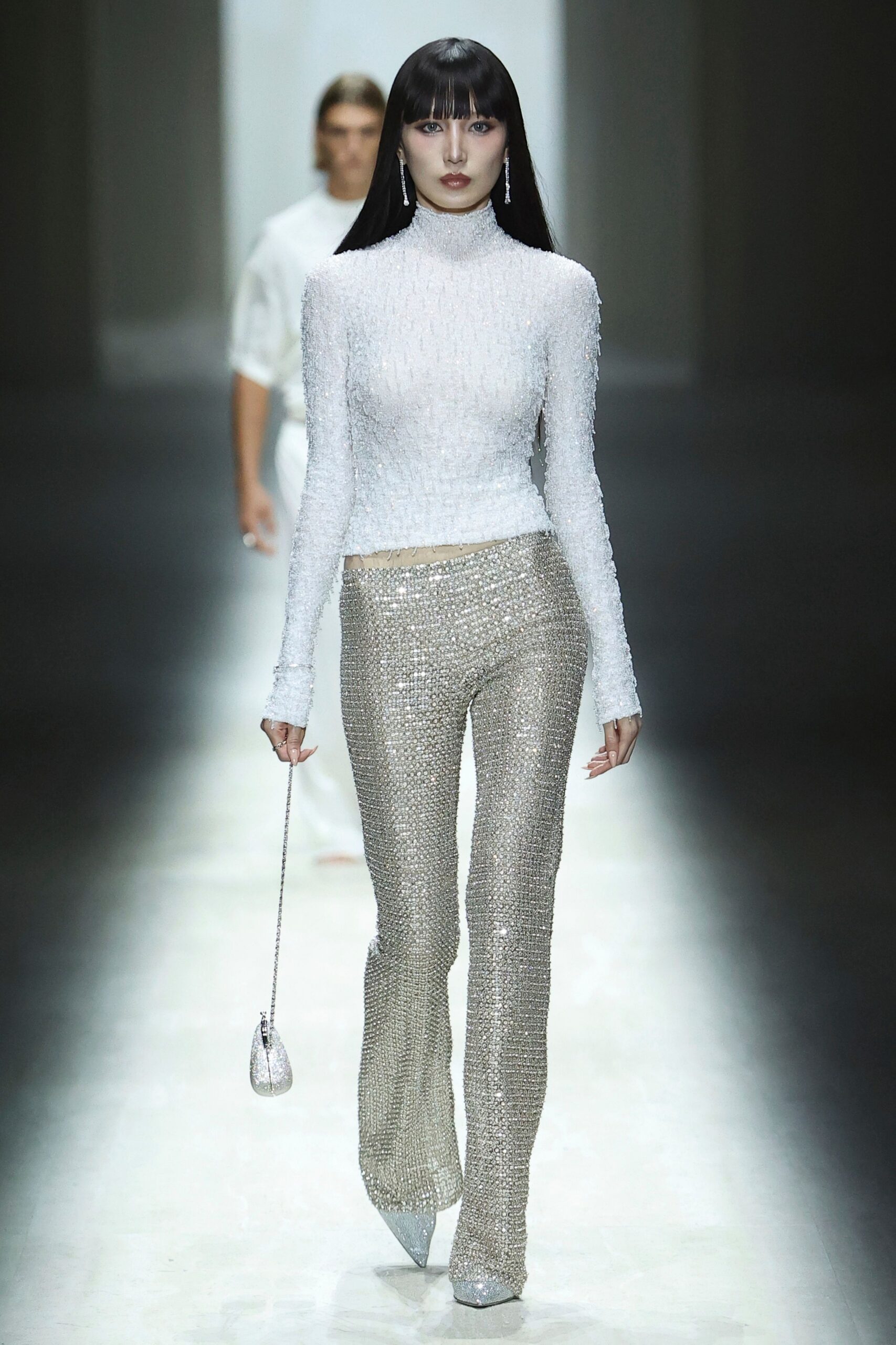 gray silk fitted flared textured pants