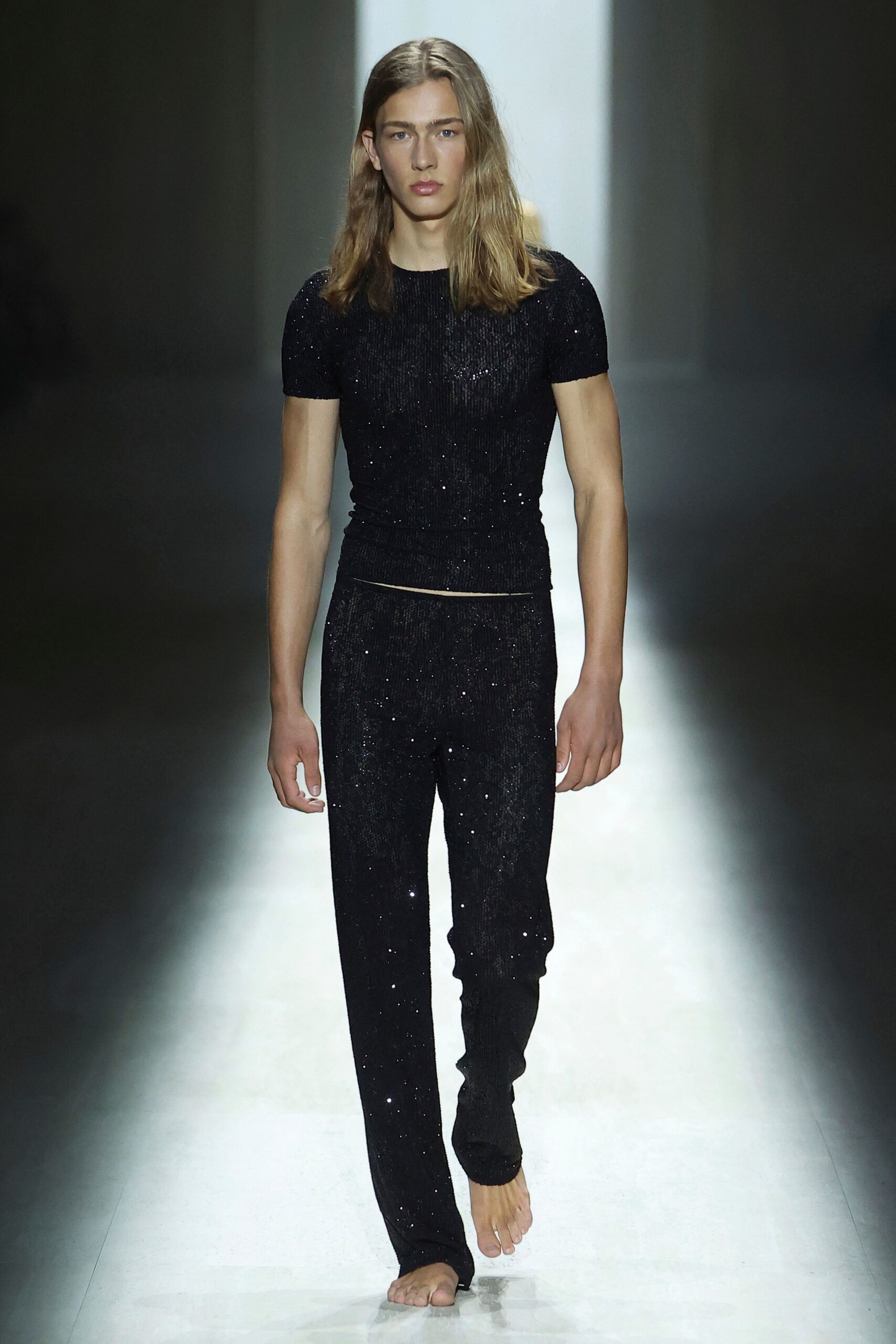 black metallic short-sleeve collared fitted textured shiny top