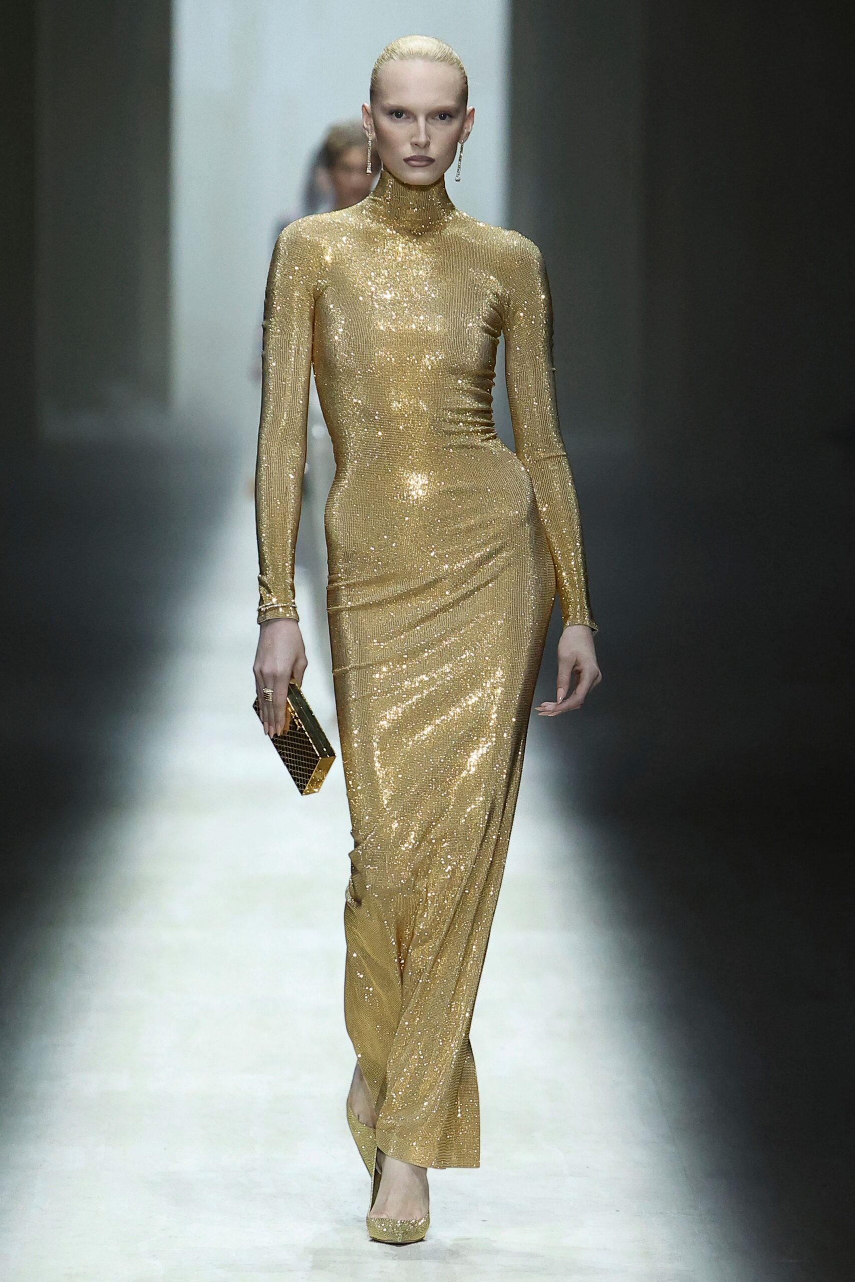 gold metallic long-sleeve high-neck fitted ruched shiny gown