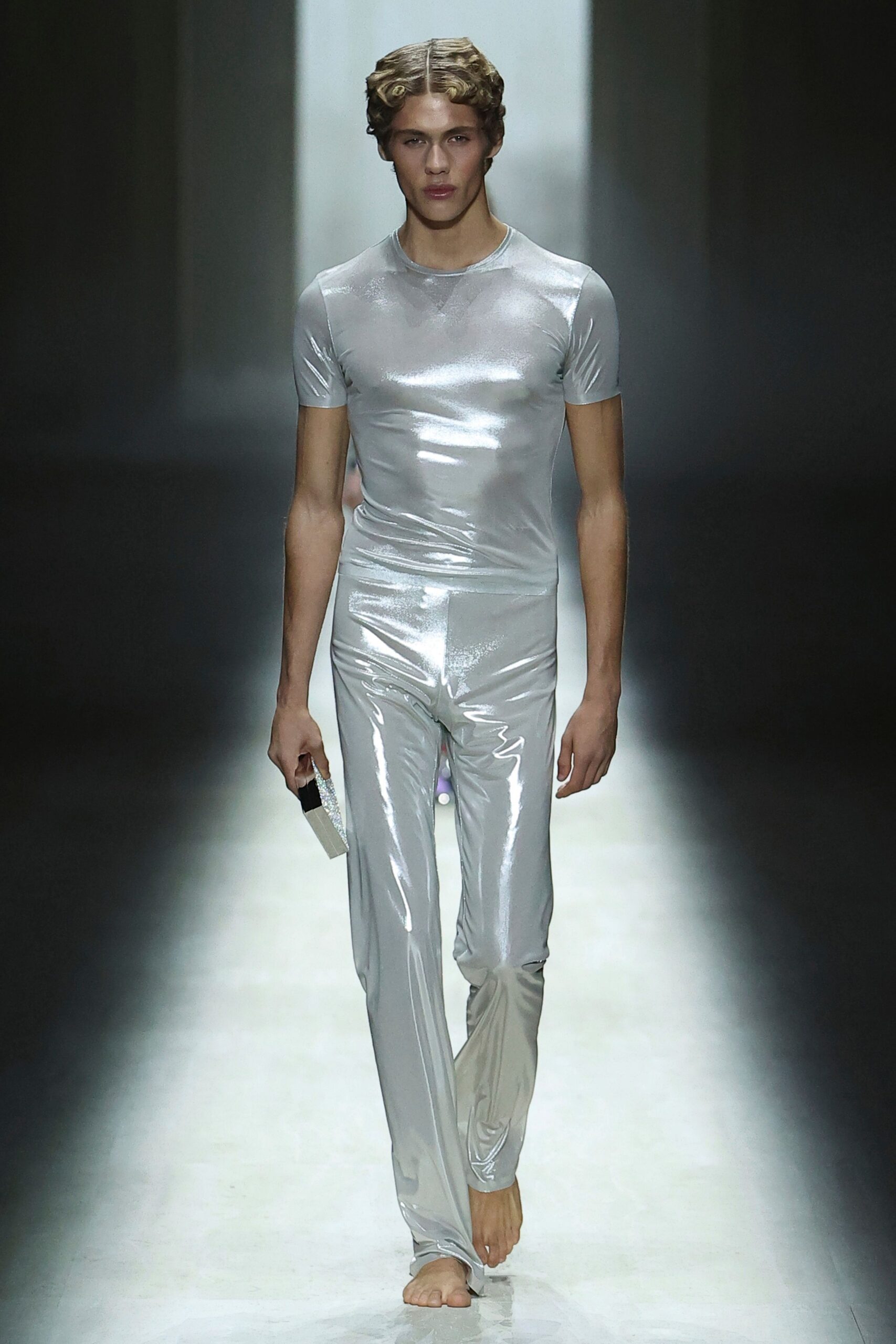 fitted silver metallic catsuit