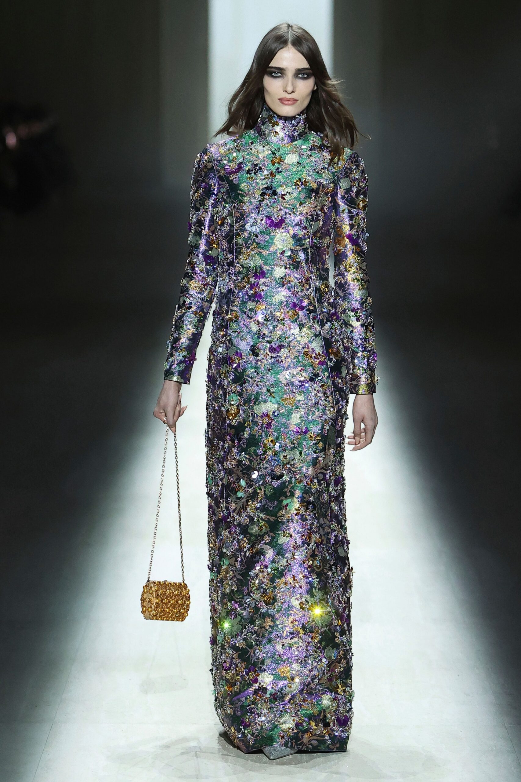 purple silk long-sleeve high-neck fitted sequined embellished gown