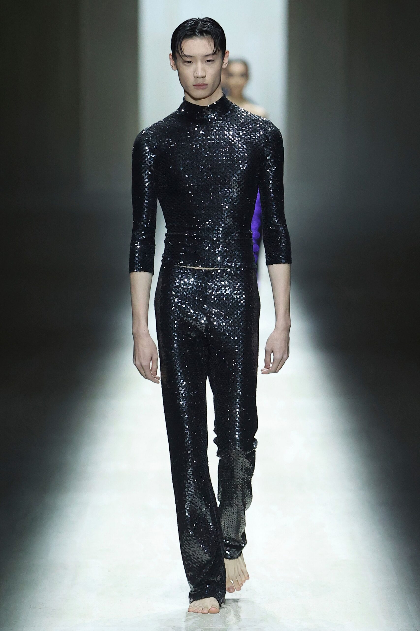 black sequin fitted catsuit