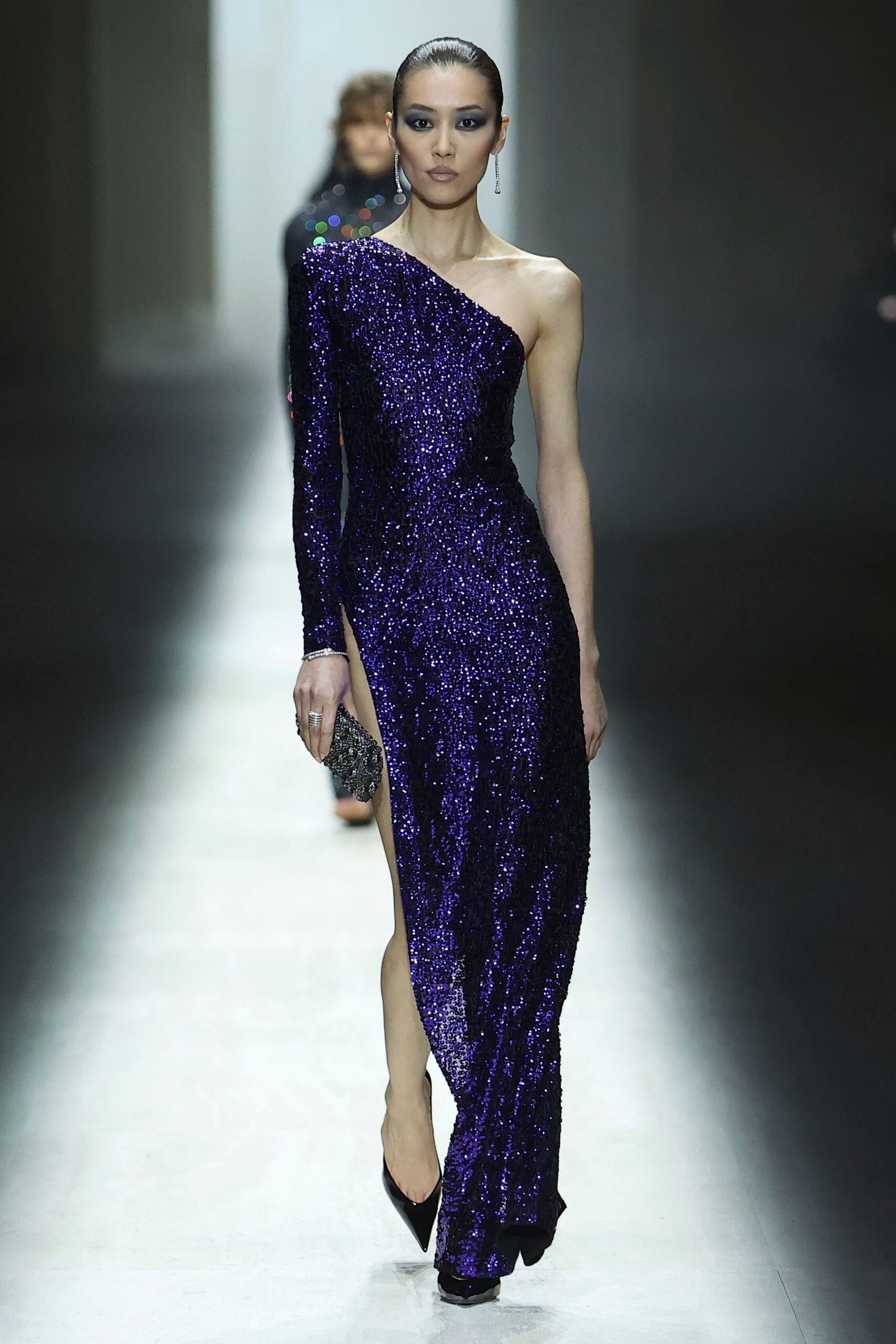 purple sequin long-sleeve slit fitted embellished shiny gown