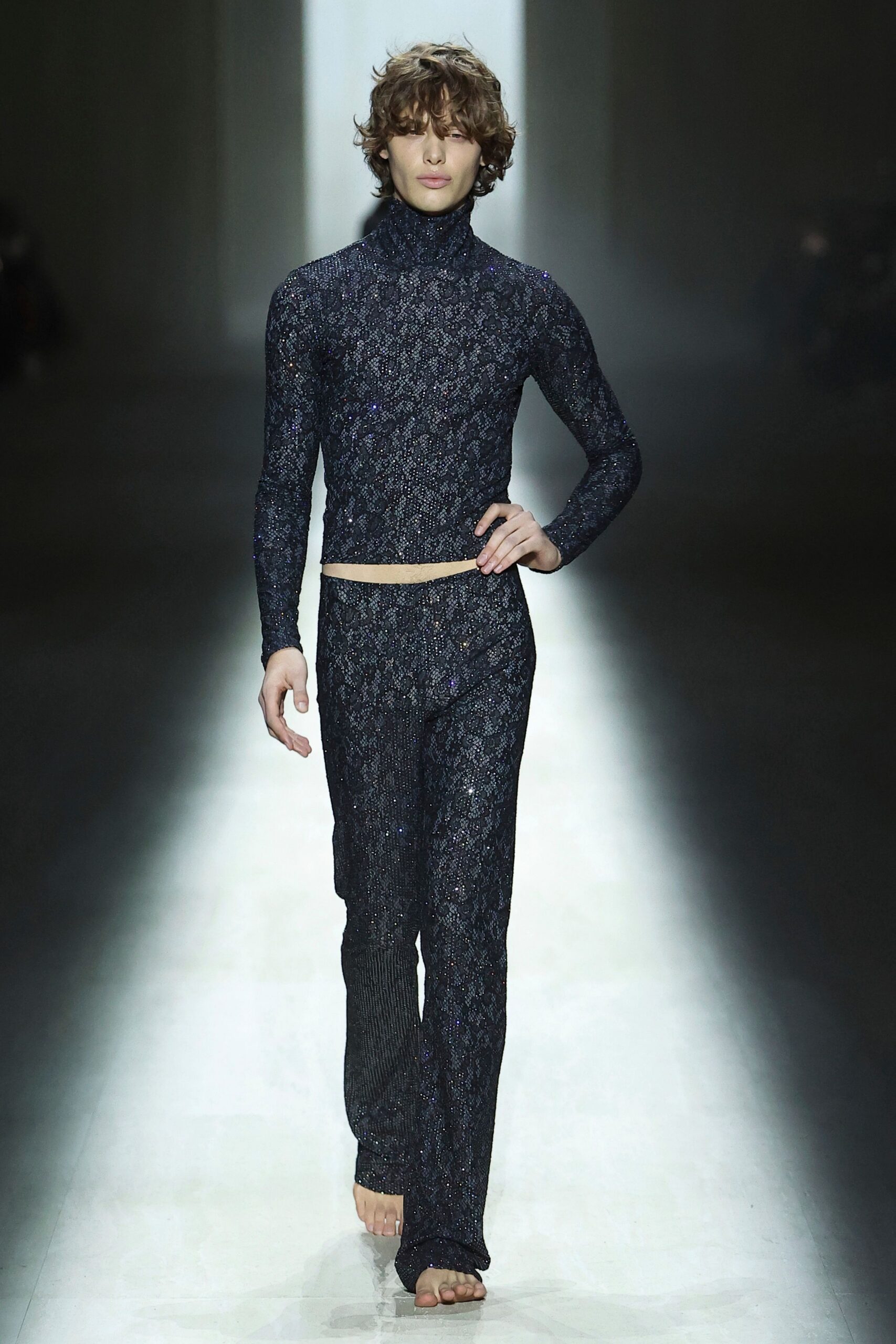 black silk fitted textured shiny pants
