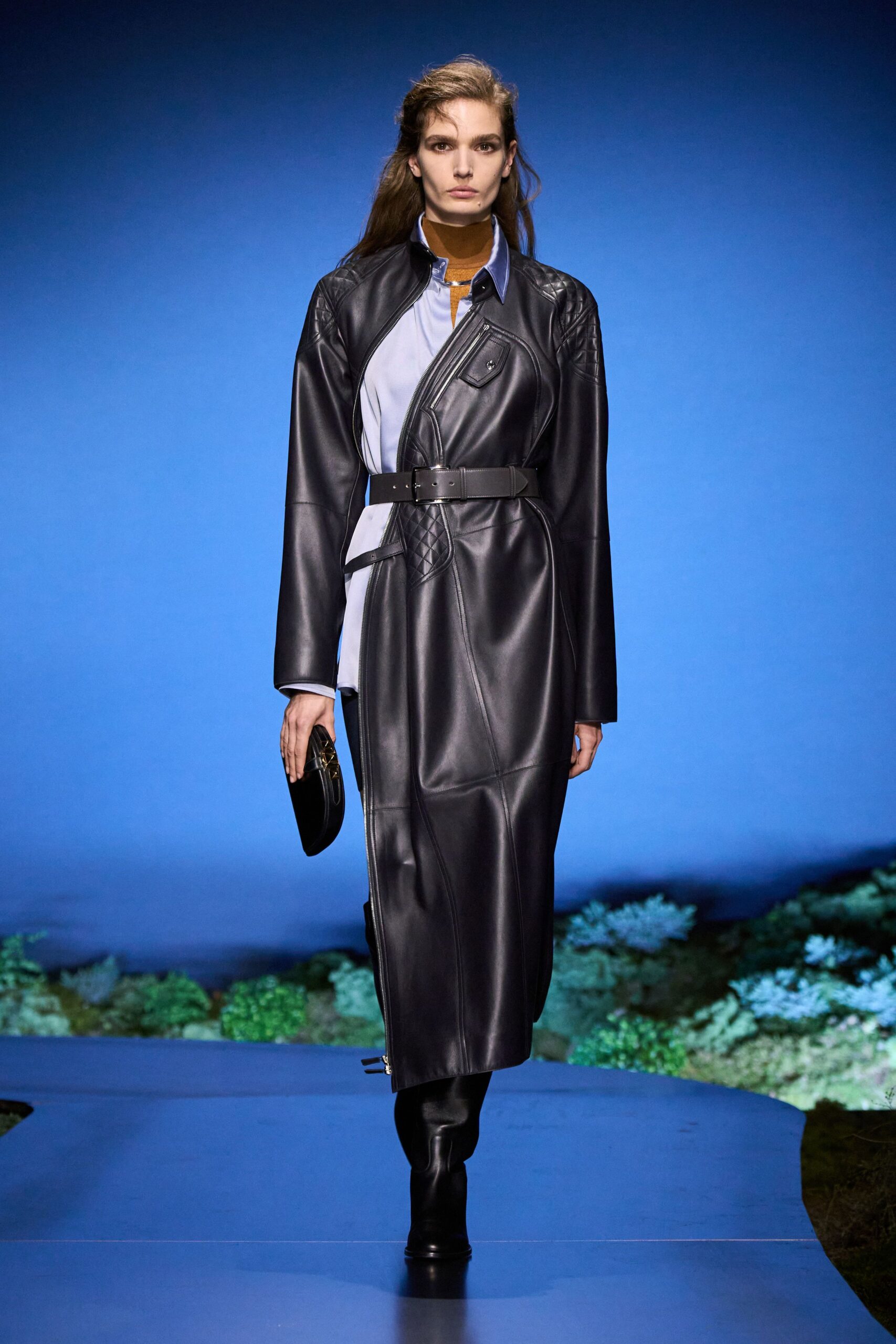 black leather long-sleeve collared fitted belted coat