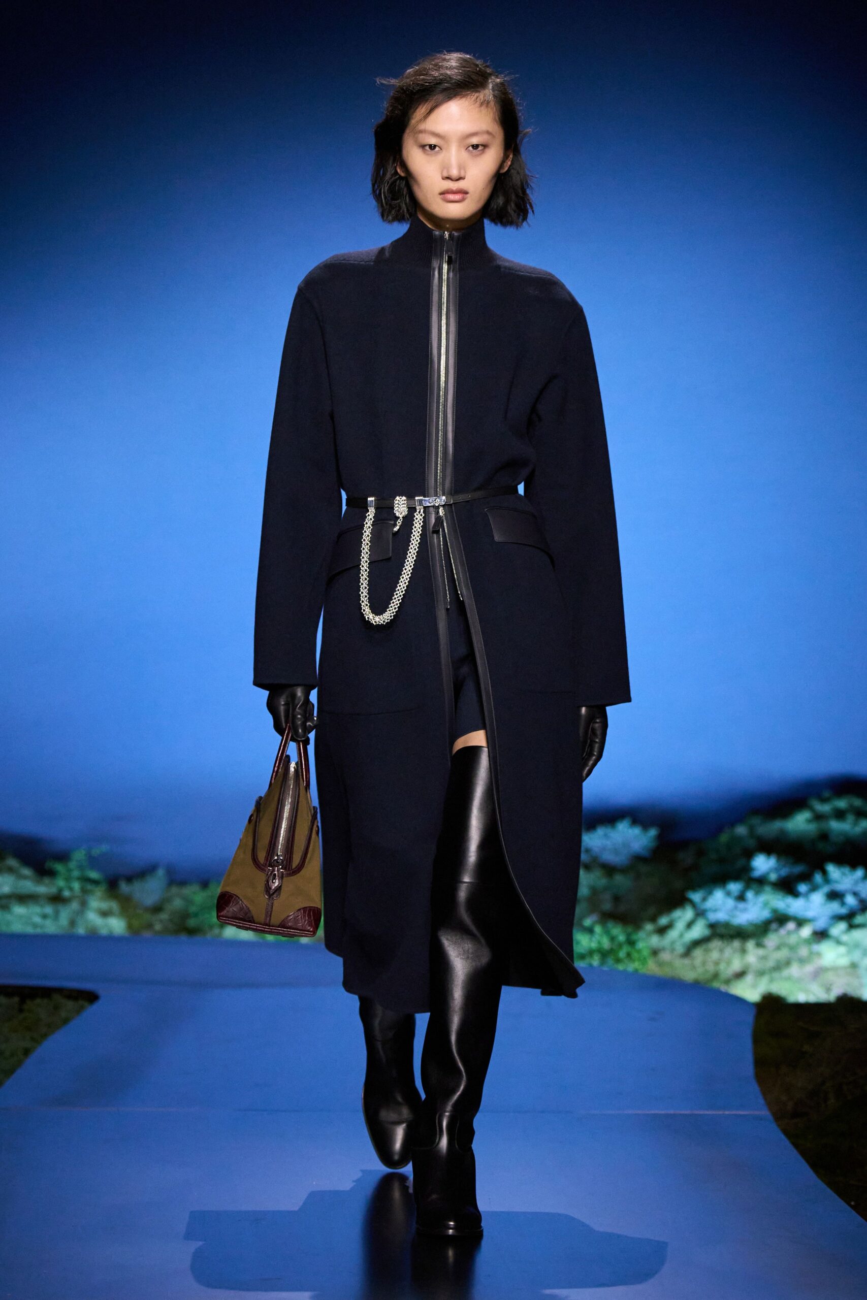 black wool long-sleeve collared relaxed zippered belted coat