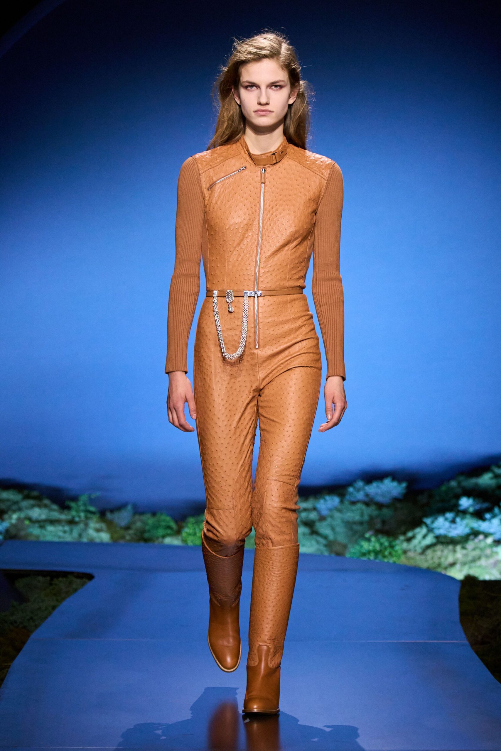 brown leather long-sleeve collared fitted zippered quilted catsuit