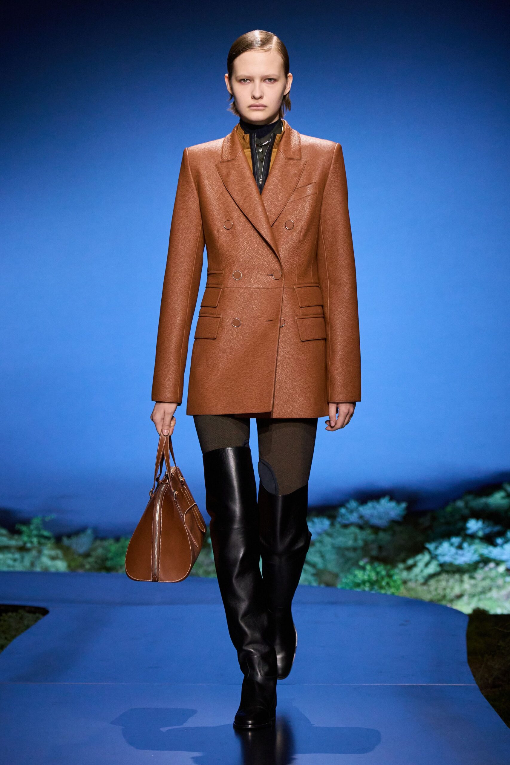brown leather long-sleeve collared tailored blazer