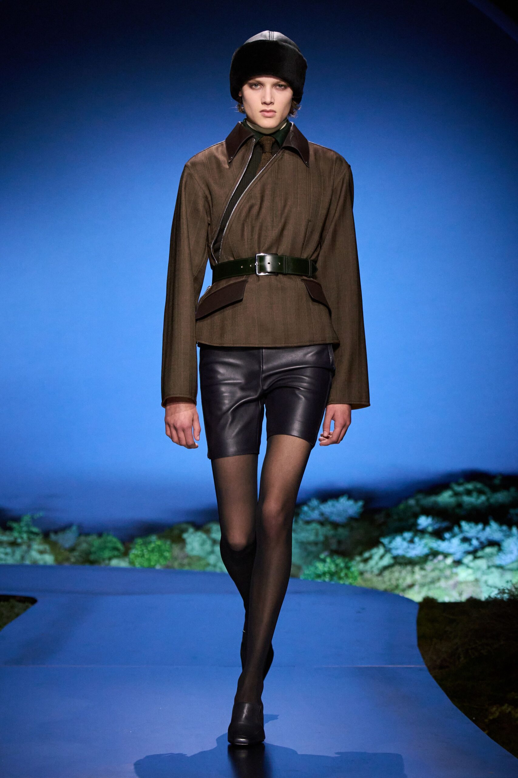brown cotton long-sleeve collared structured zippered blazer