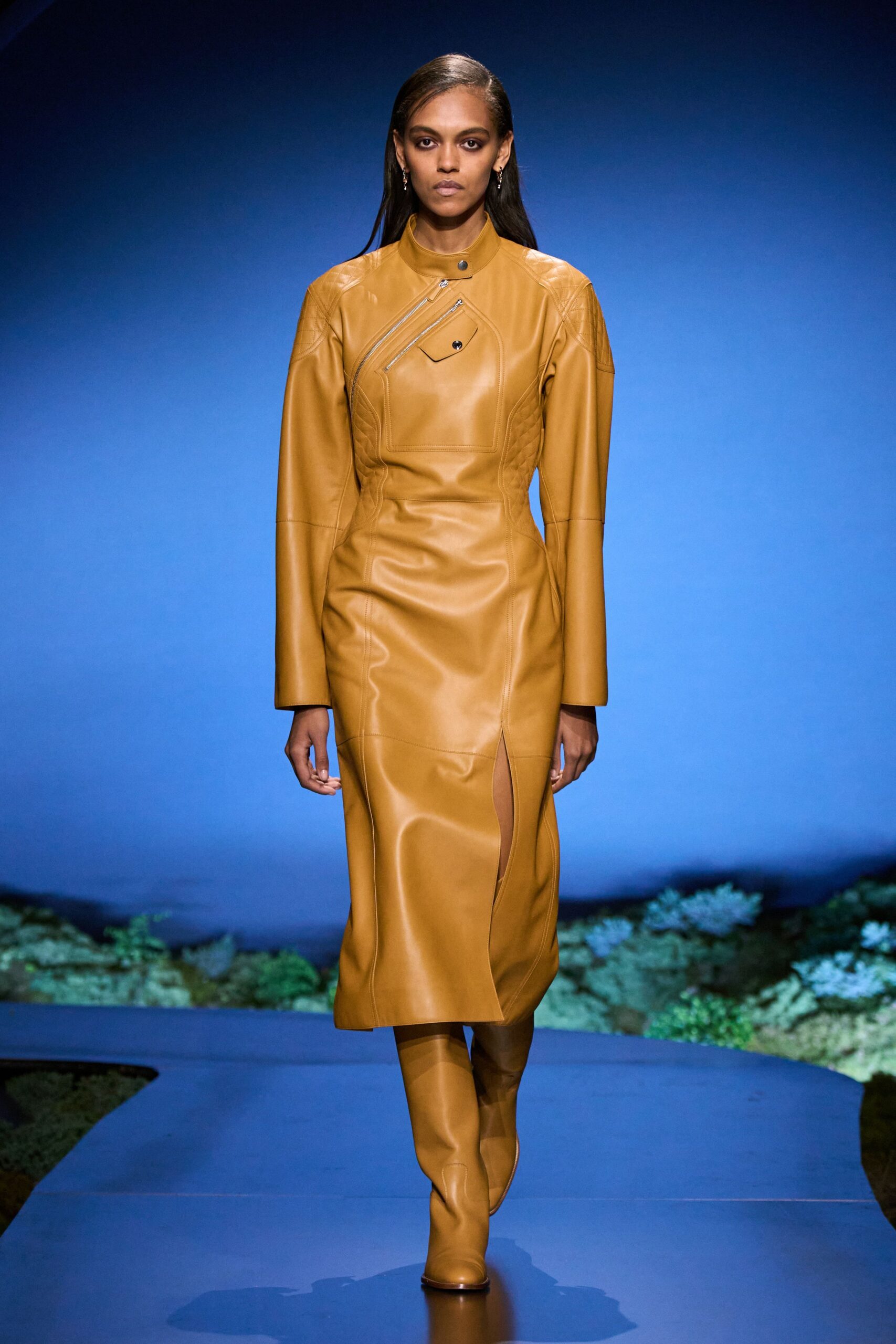 brown leather long-sleeve high-neck fitted zippered midi dress