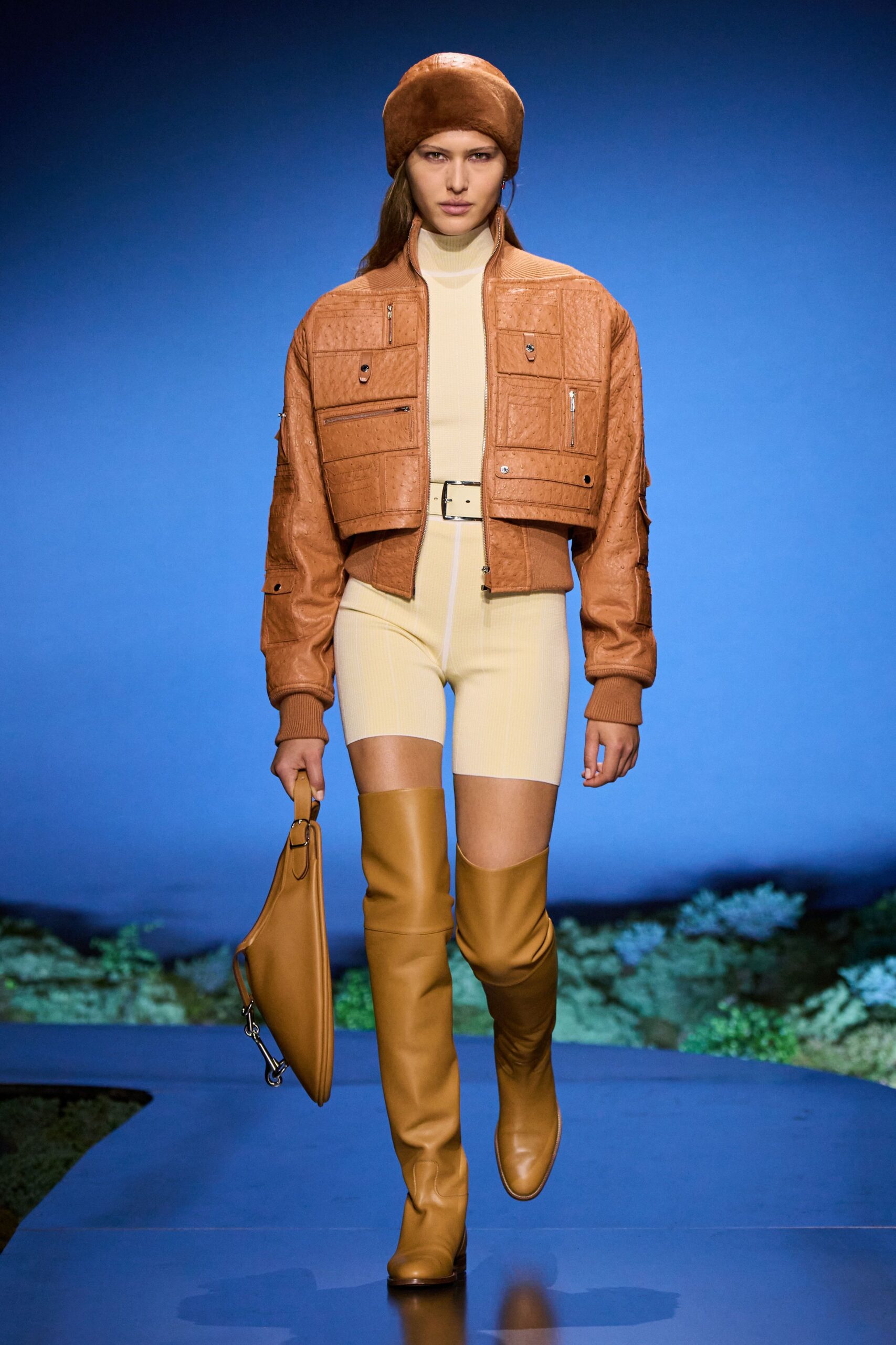 brown leather jacket with bodysuit