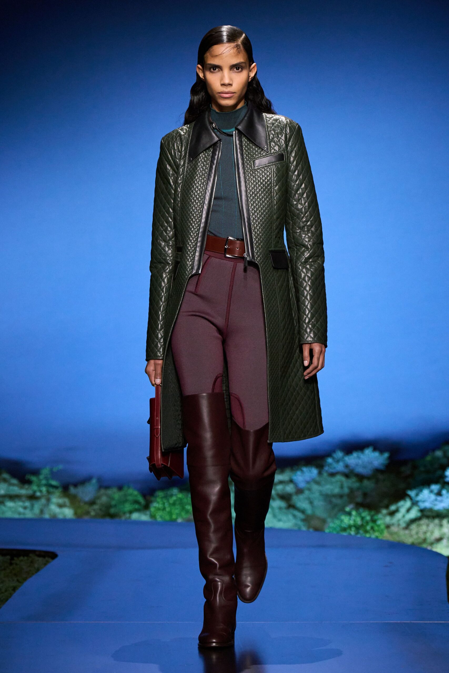 green leather long-sleeve collared fitted quilted coat