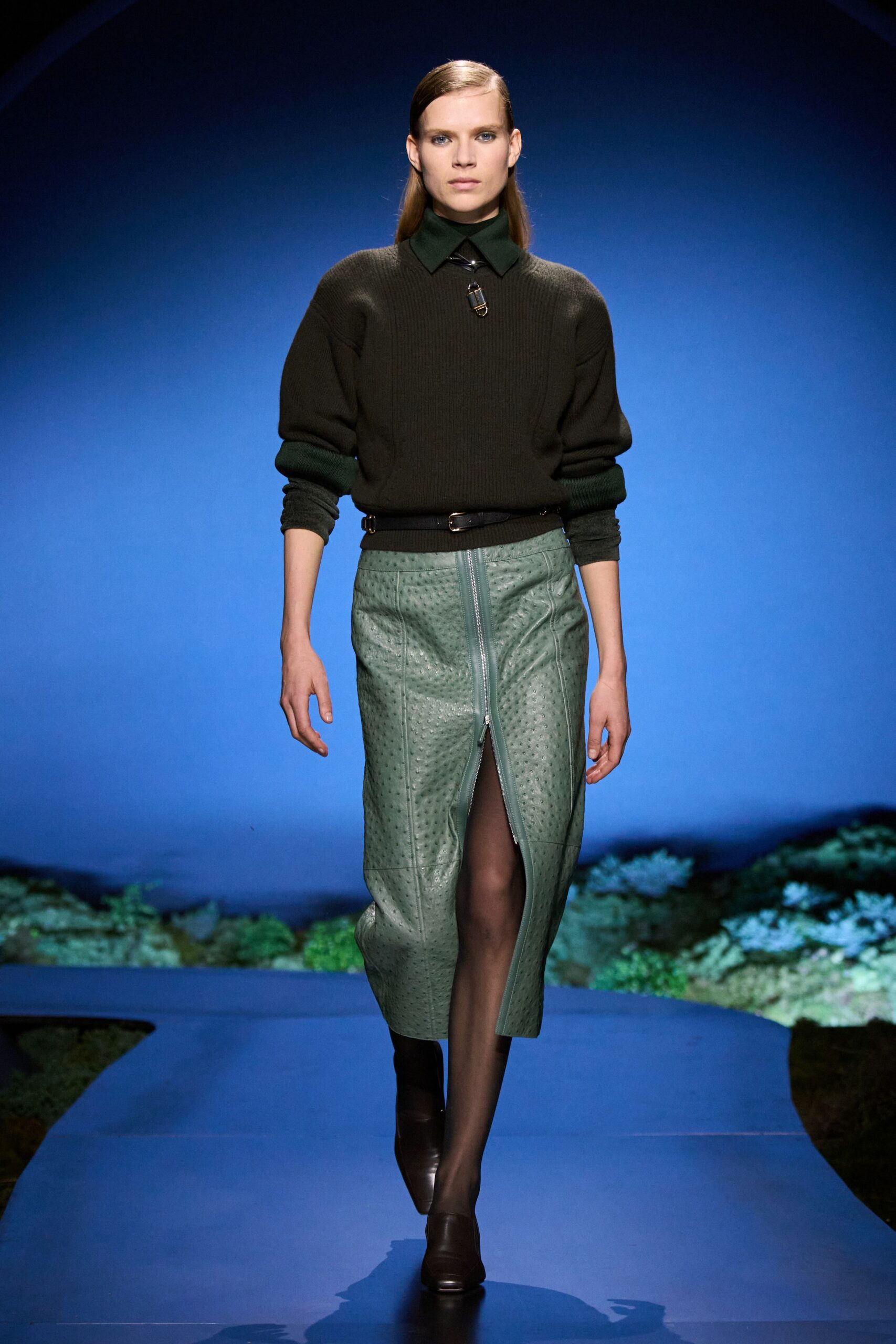 green leather slit fitted zippered midi skirt