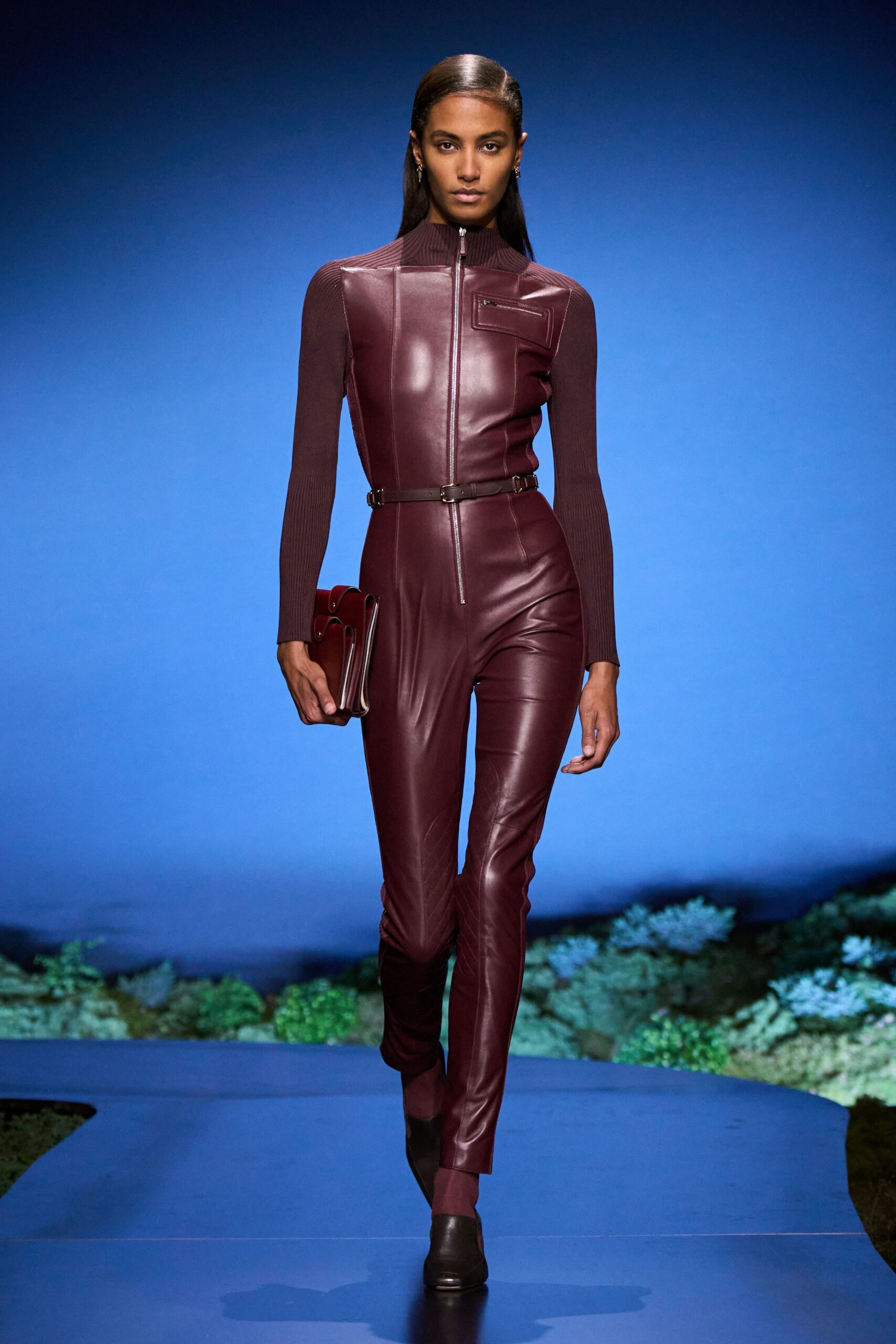 maroon leather long-sleeve fitted zippered padded catsuit