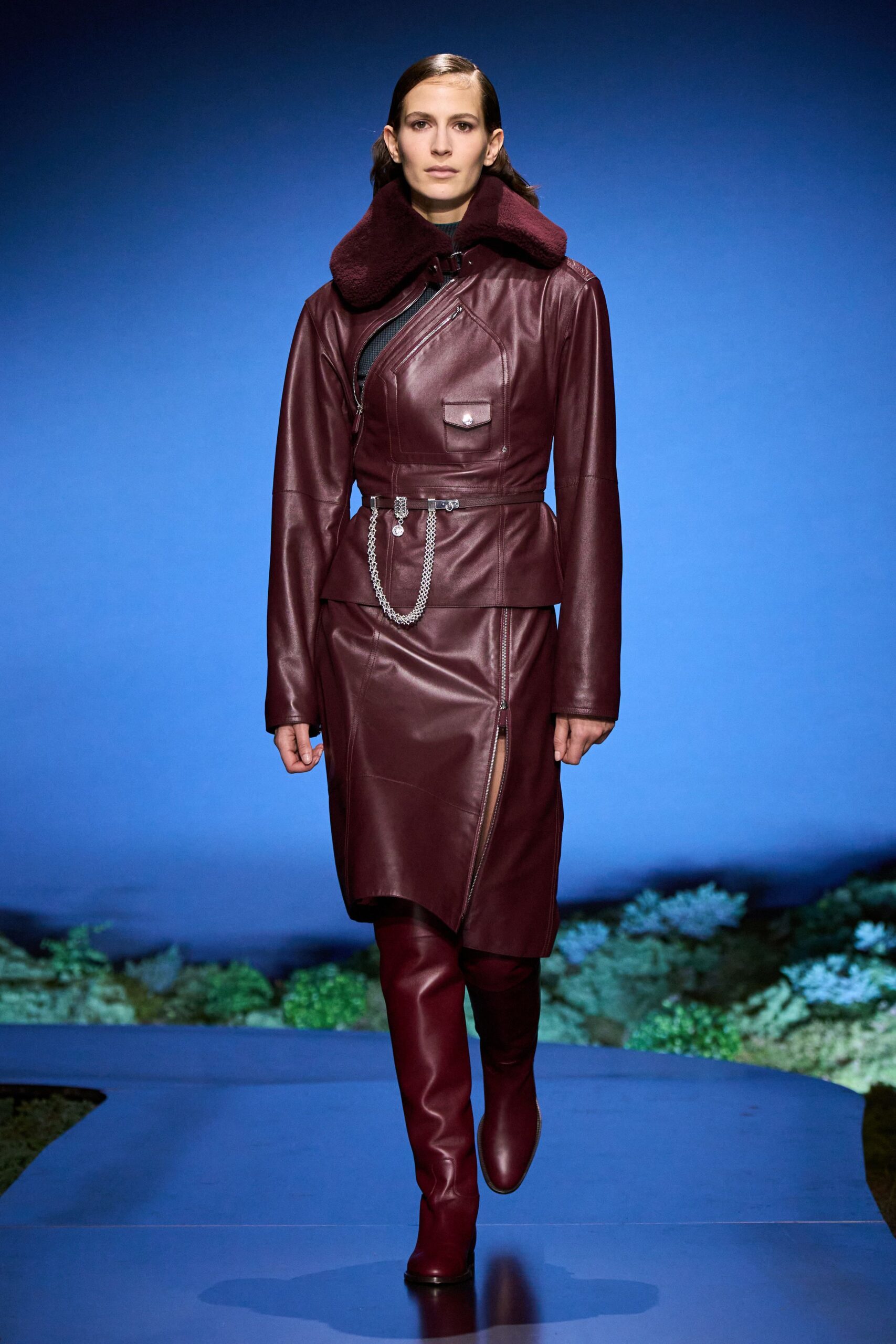 maroon leather long-sleeve collared fitted zippered pockets coat