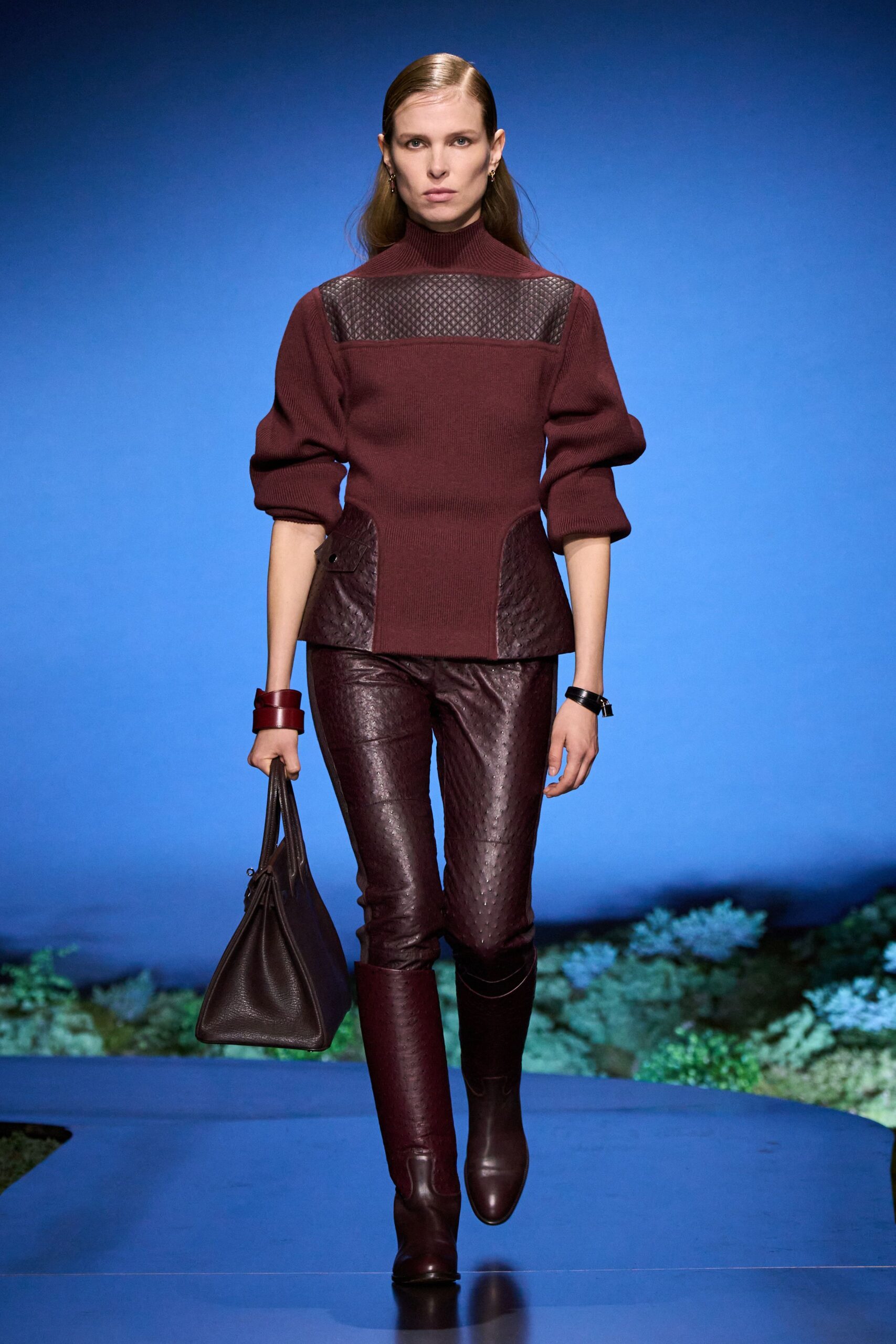 maroon wool long-sleeve high-neck fitted quilted top