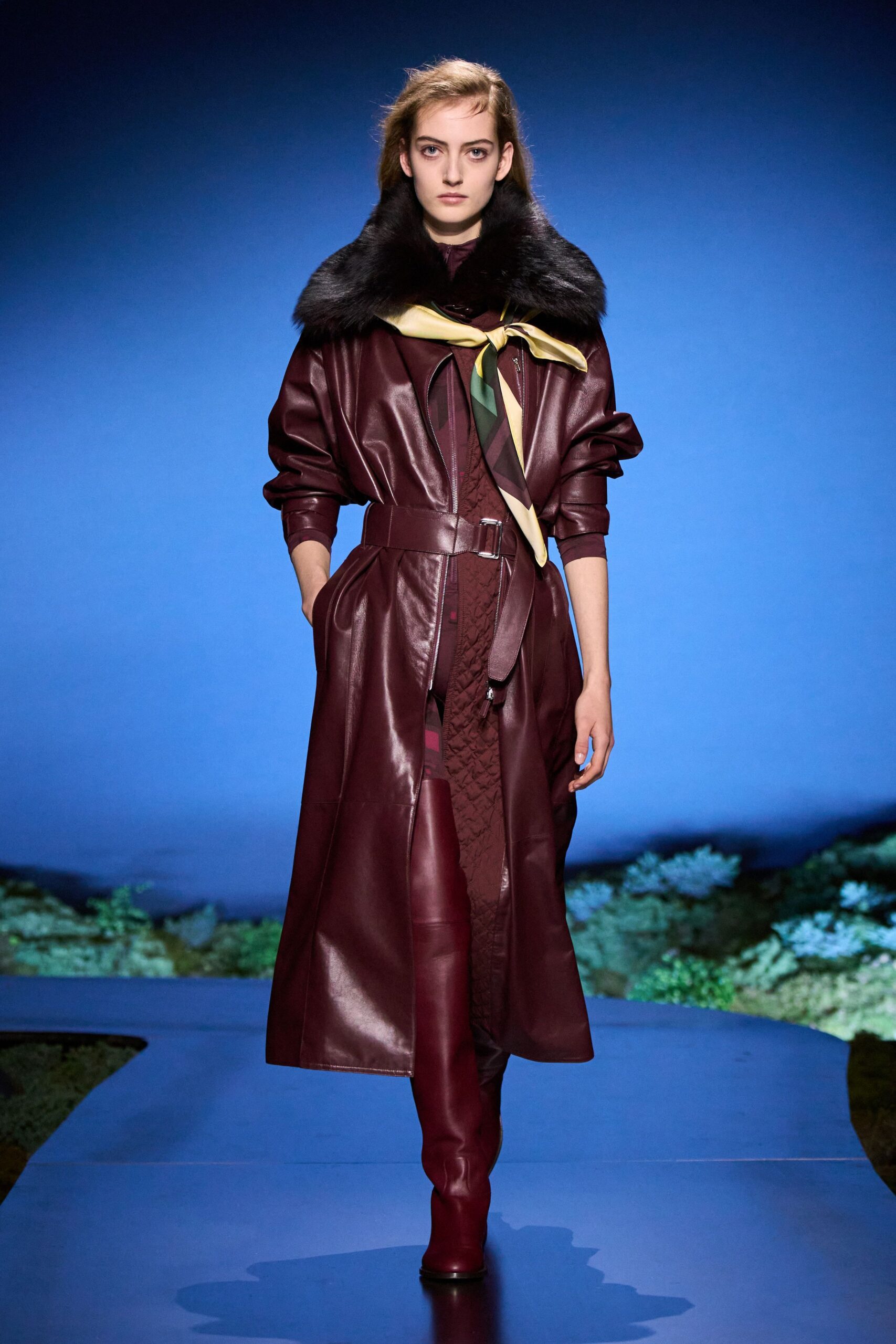maroon leather long-sleeve collared fitted belted layered coat