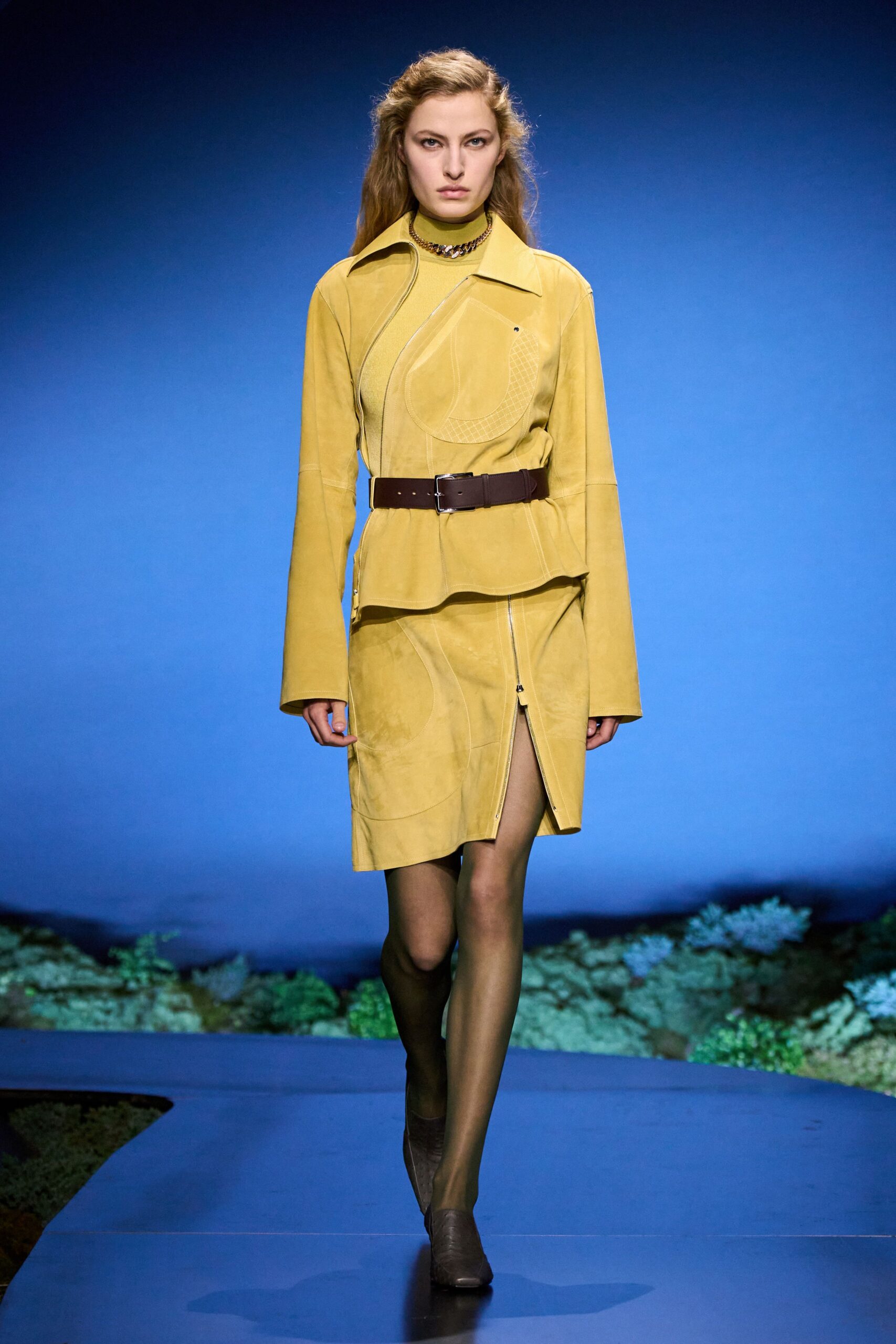 yellow suede long-sleeve high-neck fitted zippered top