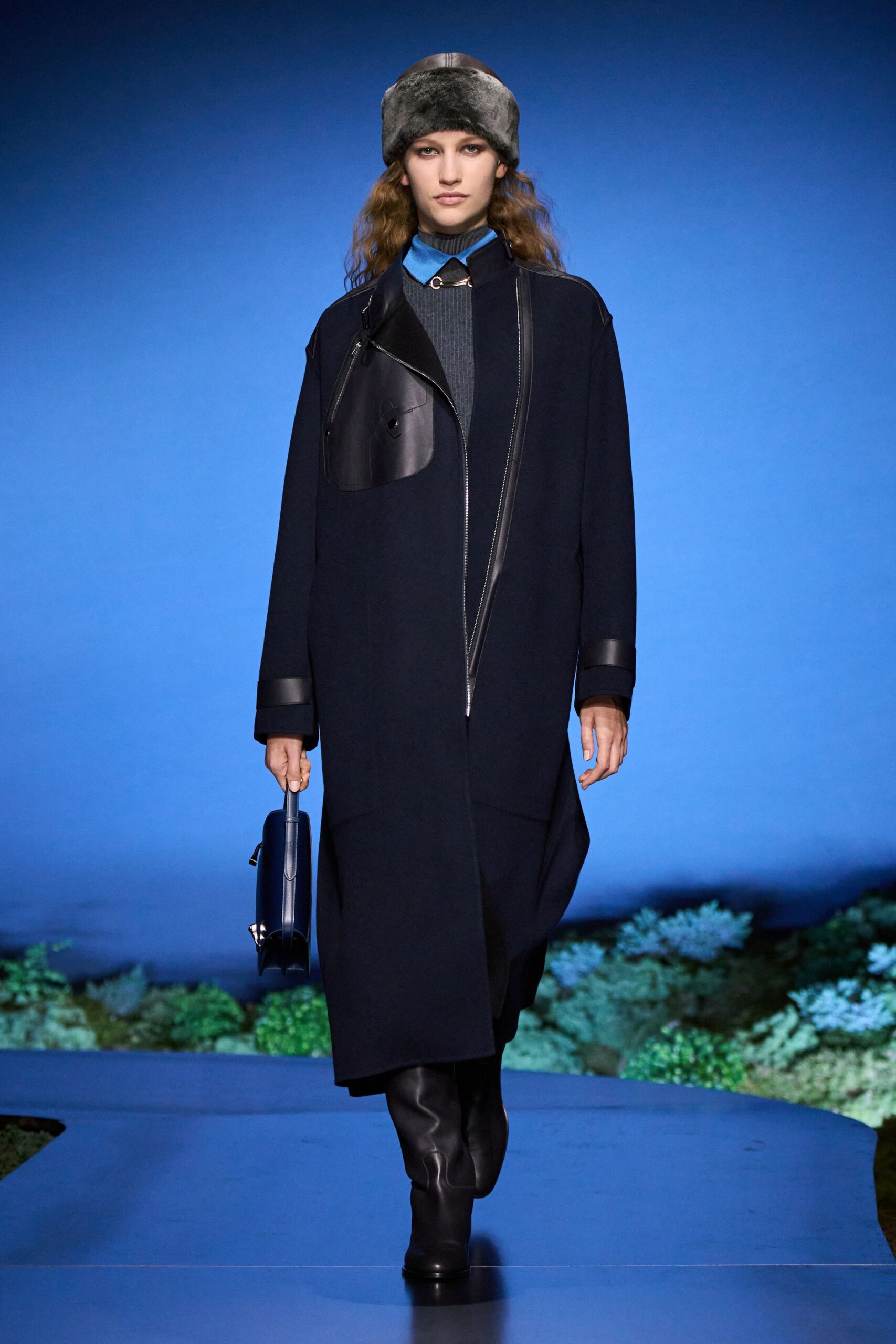 black wool coat with blue top