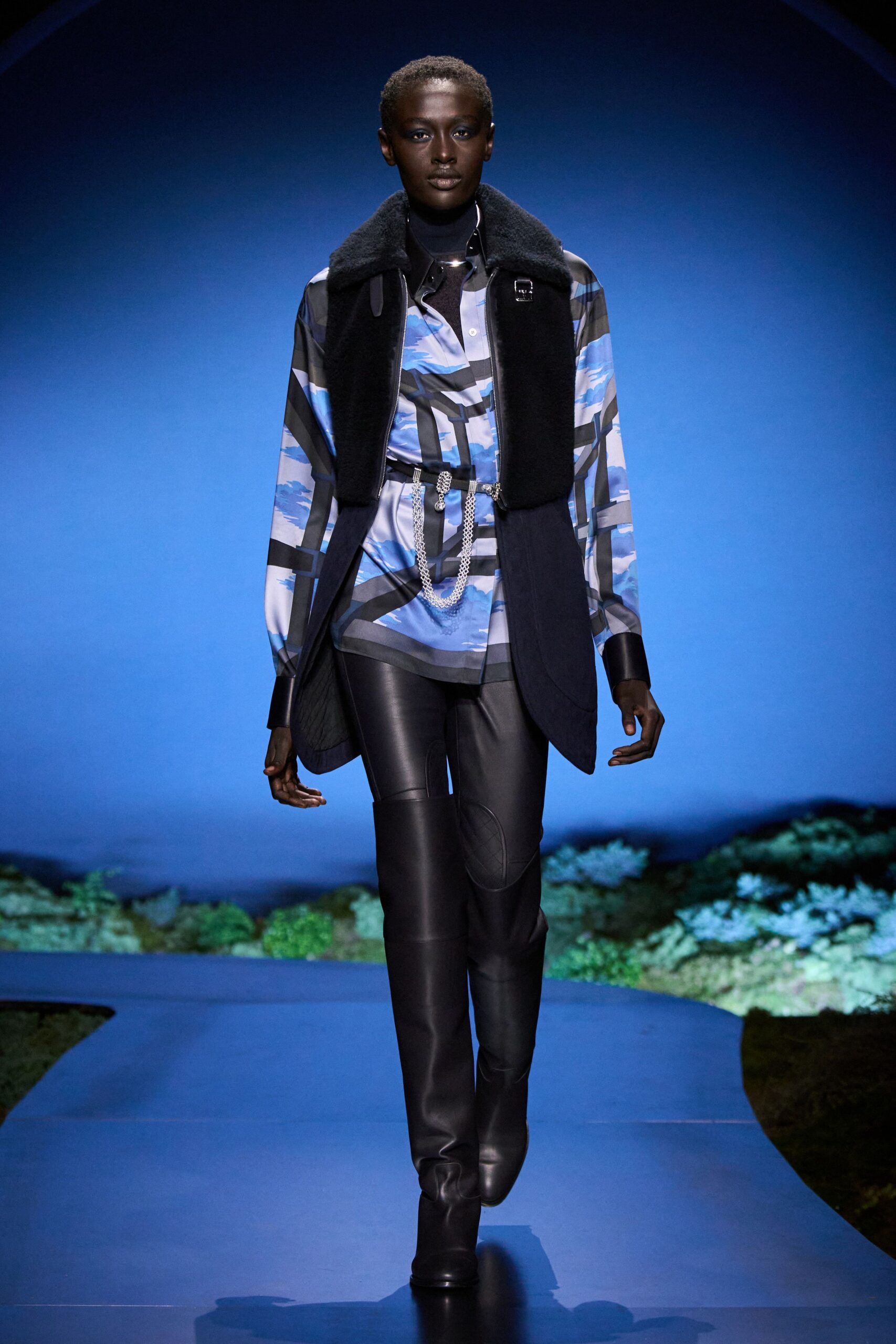 blue printed shirt black leather pants