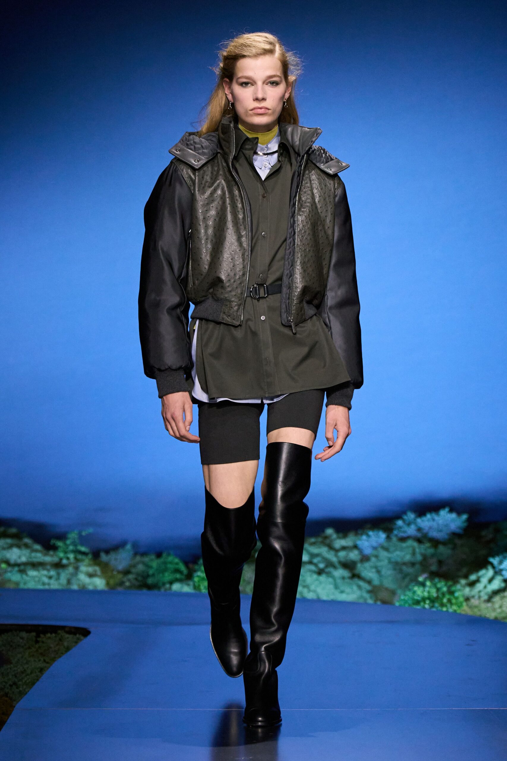 black leather jacket with shorts