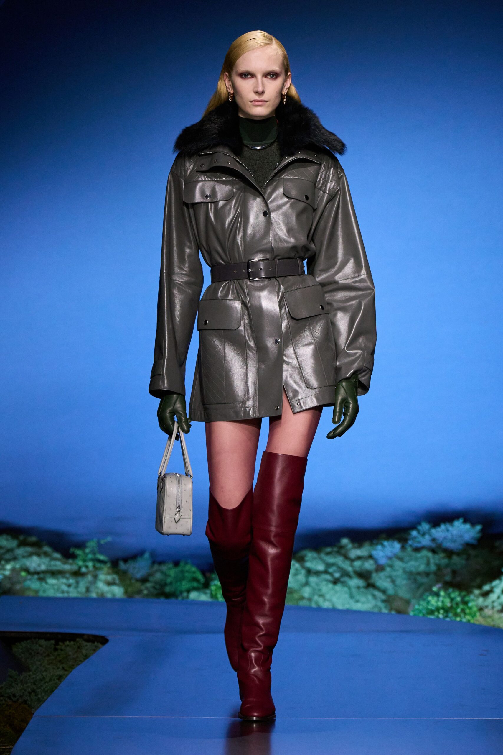 gray leather long-sleeve collared fitted belted pockets coat