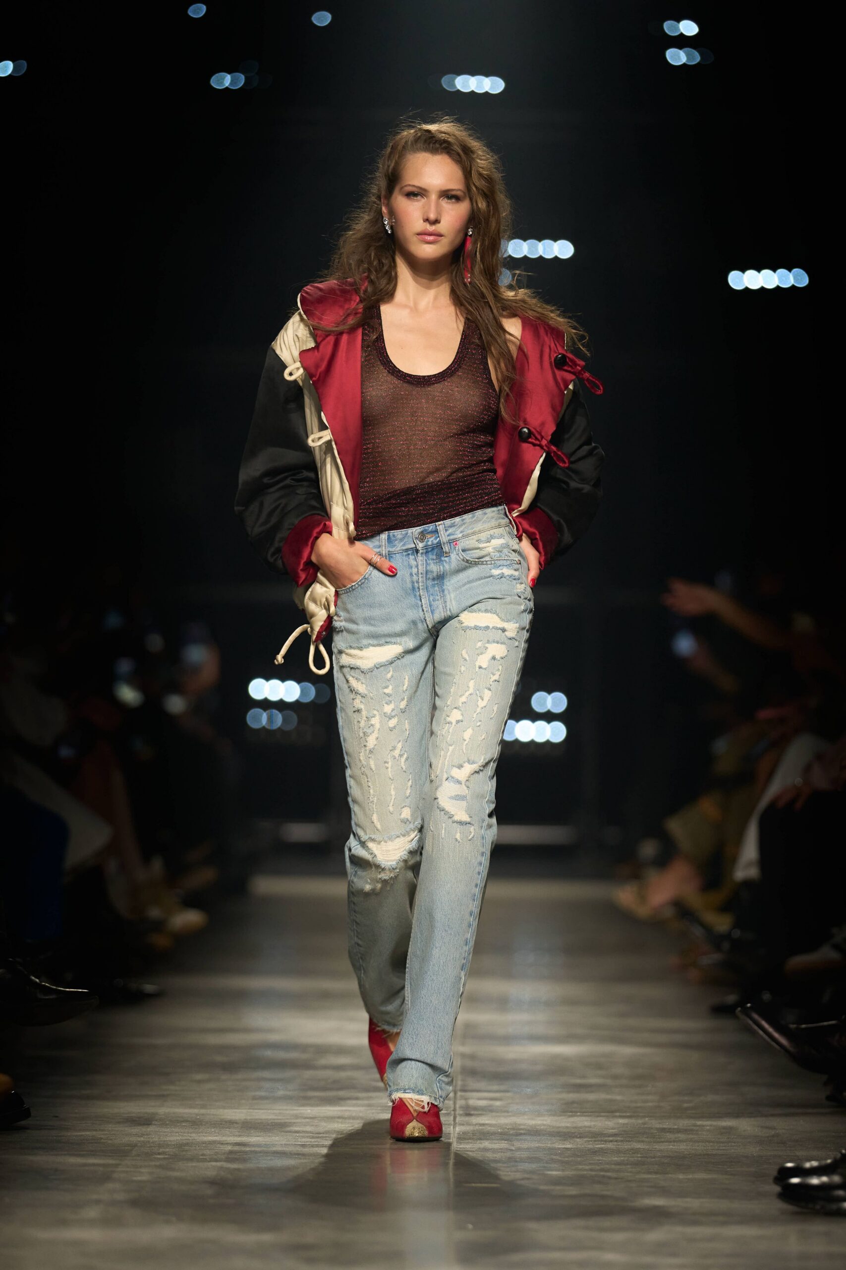 red cotton long-sleeve collared relaxed zippered layered jacket