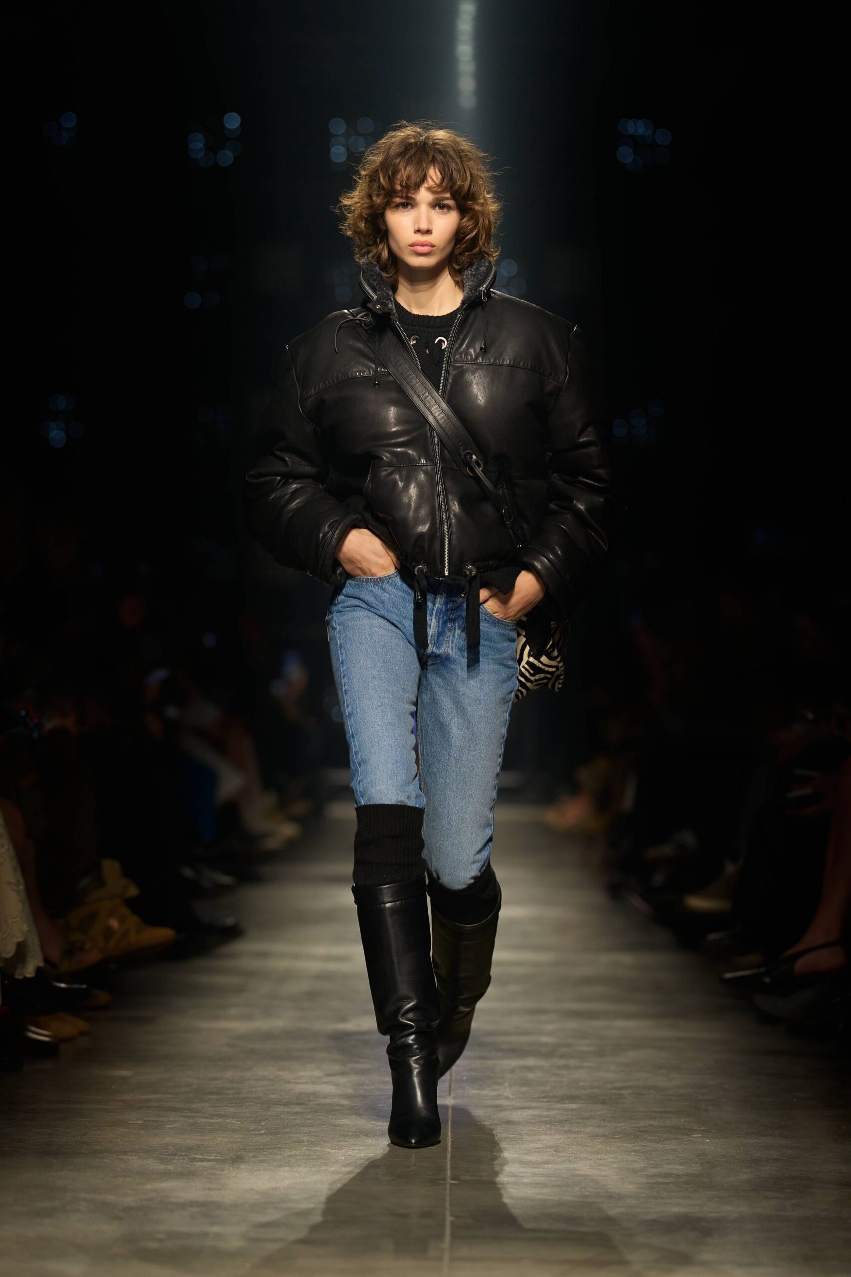 black leather jacket with blue jeans