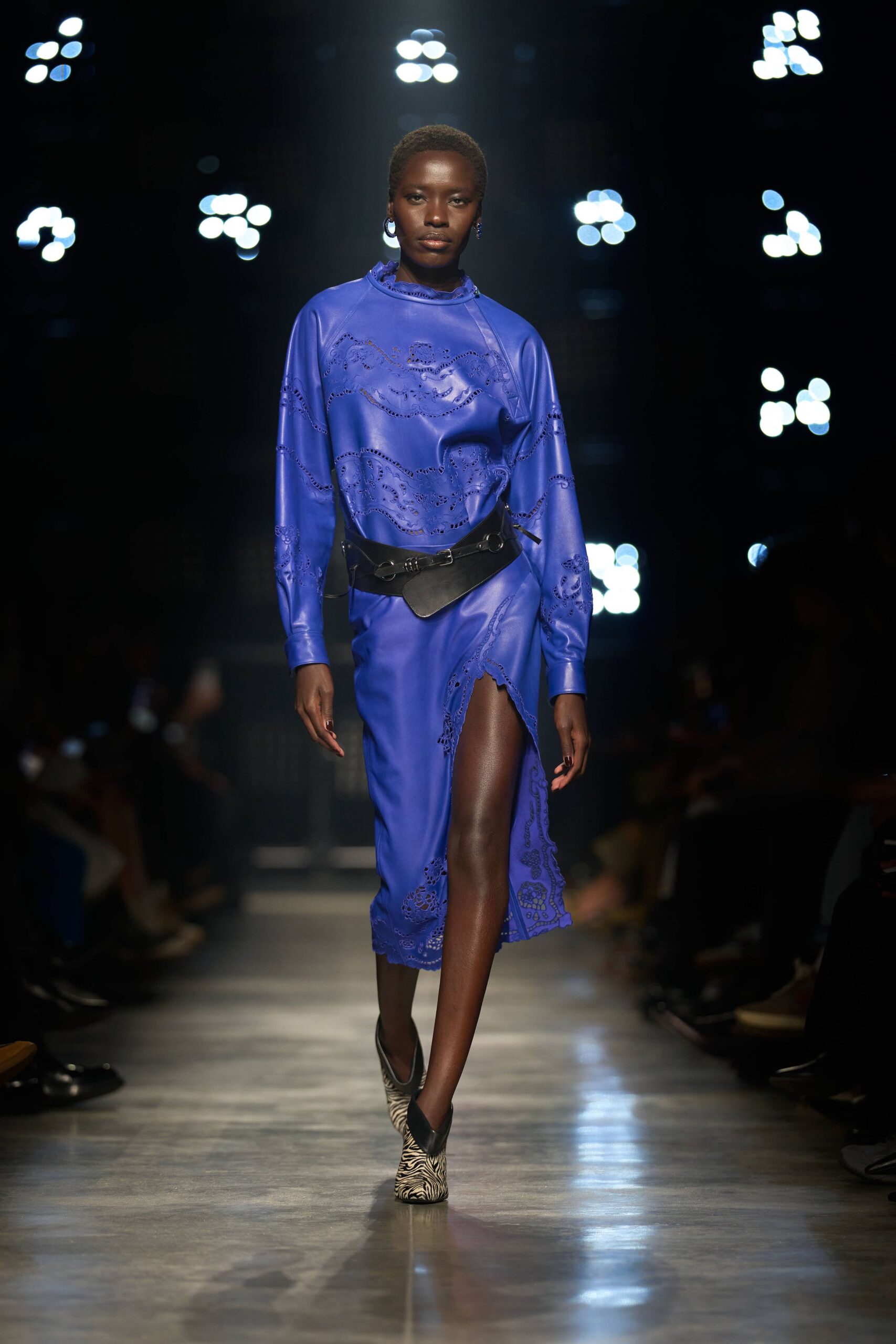 blue silk long-sleeve high-neck fitted embroidered midi dress