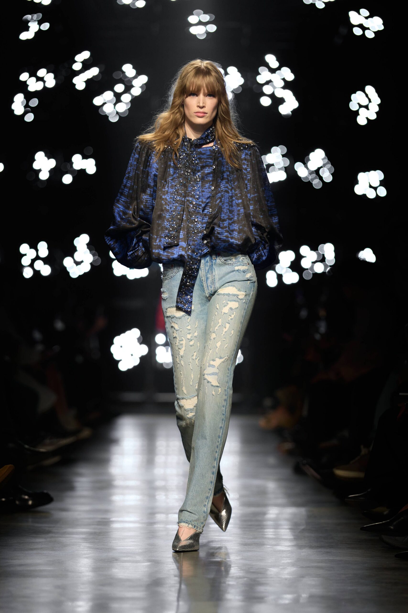 blue silk long-sleeve collared relaxed sheer flowing top