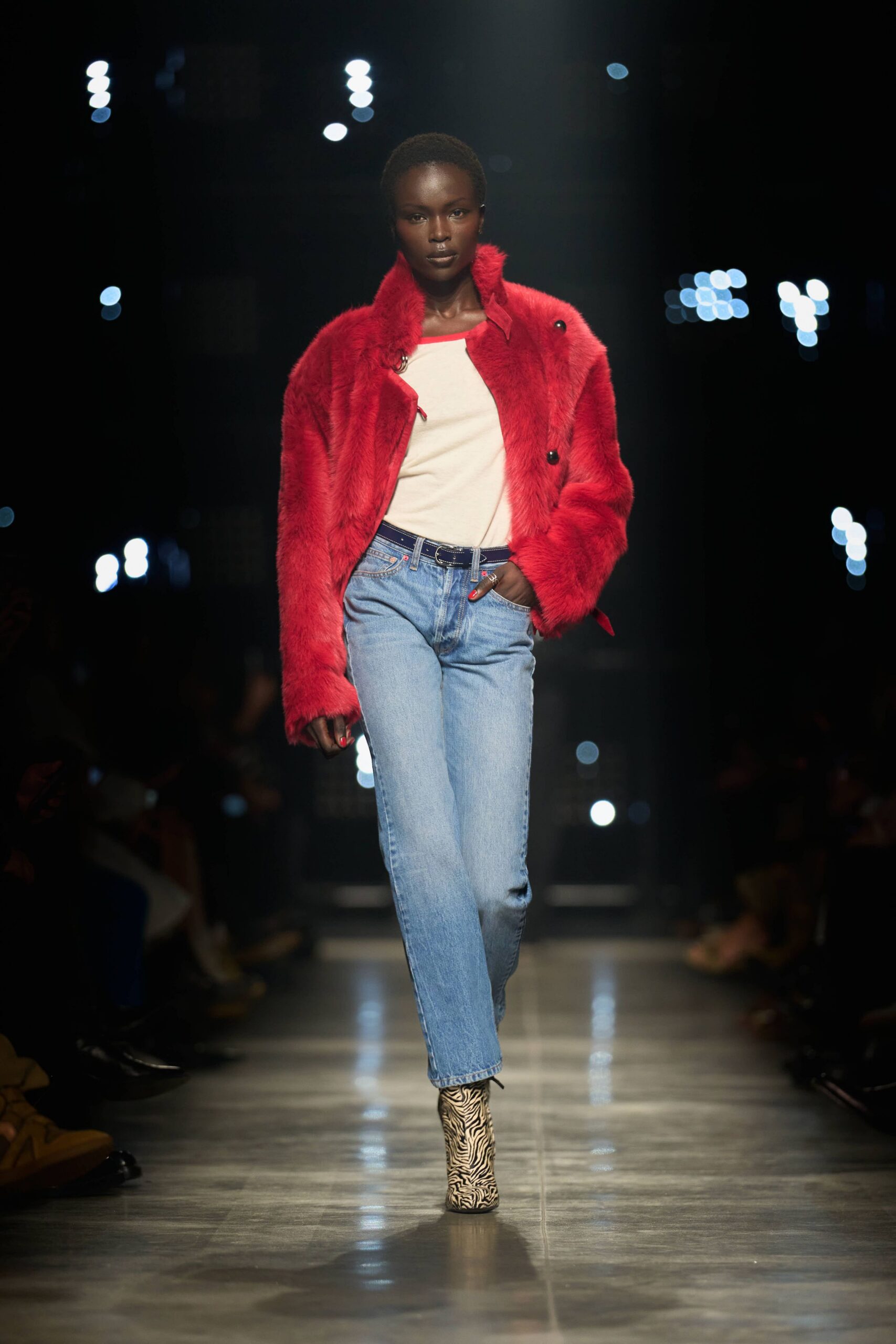 red faux-fur long-sleeve collared relaxed jacket