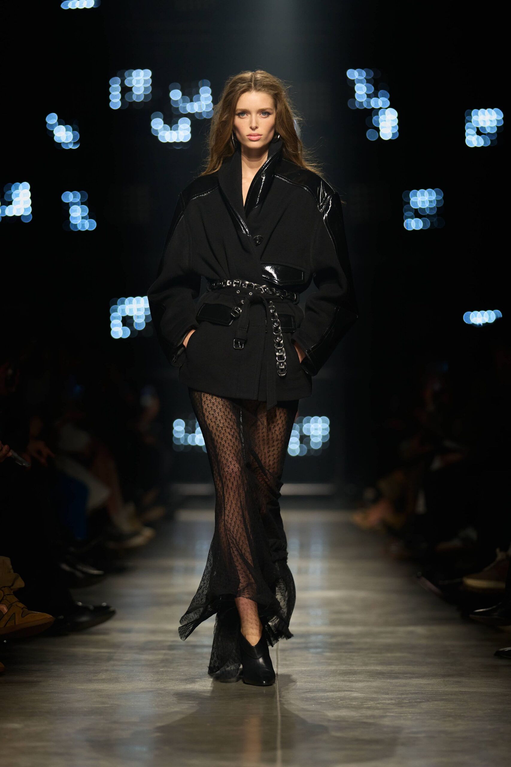 black leather long-sleeve collared fitted zippered belted coat