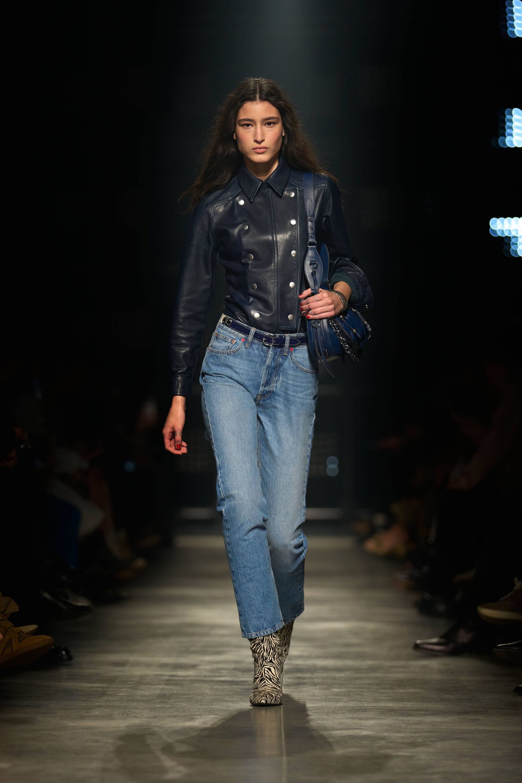 blue leather long-sleeve collared fitted buttoned jacket