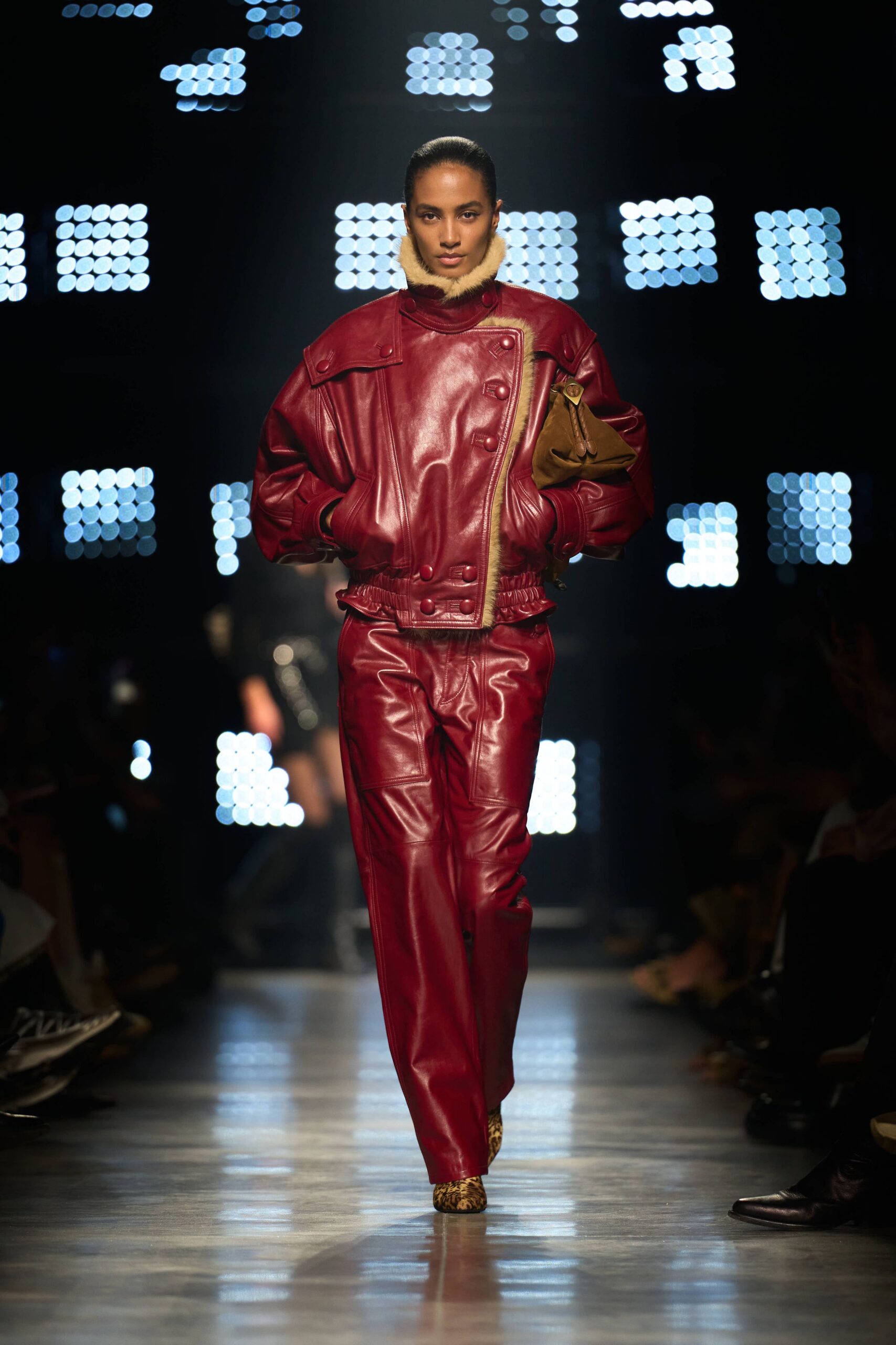 red leather fitted straight-leg pants