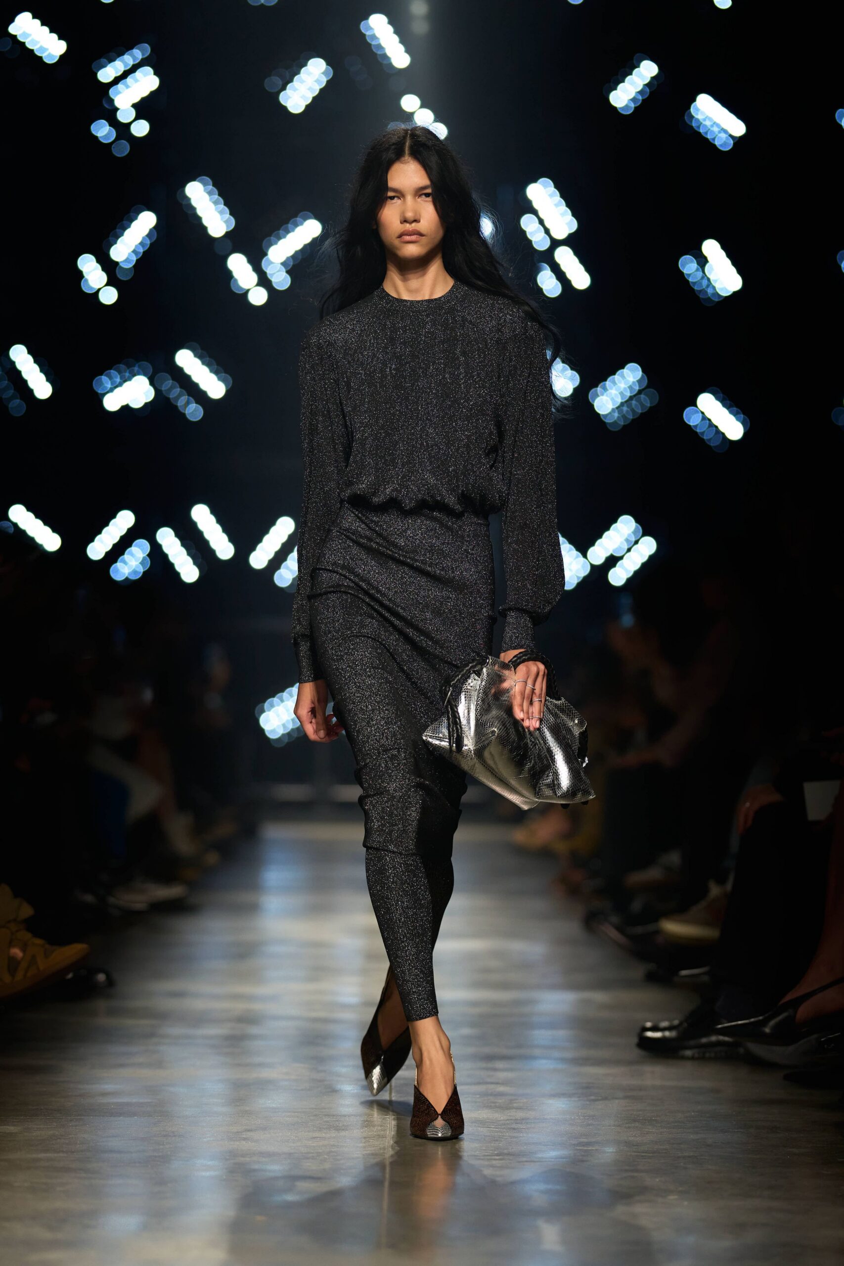 black metallic long-sleeve high-neck fitted textured shiny dress