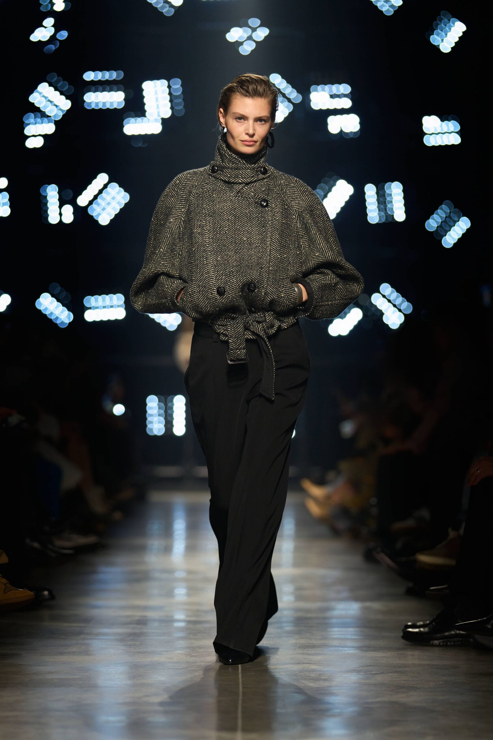 black gray relaxed sweater with tailored pants
