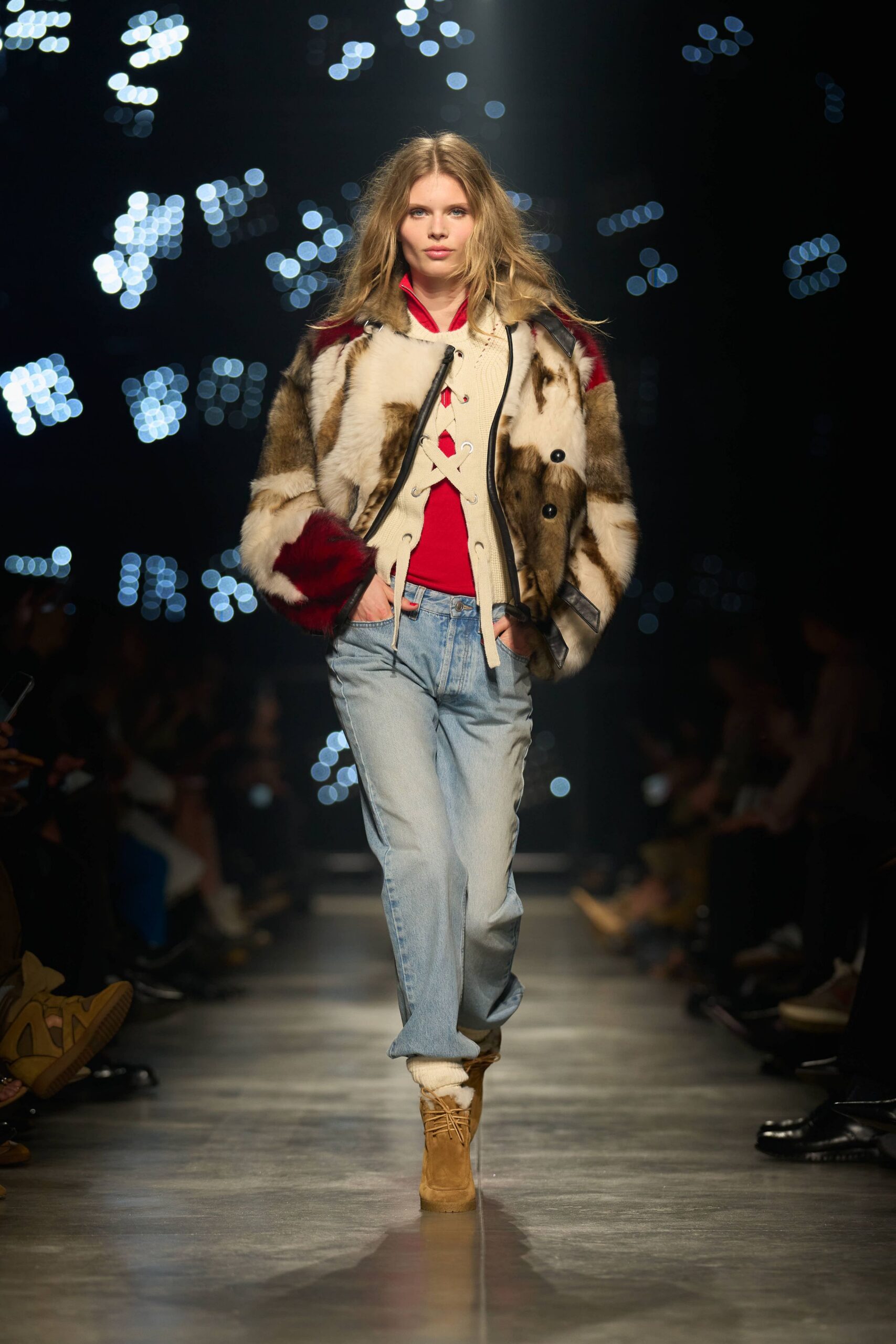 brown fur coat with red top