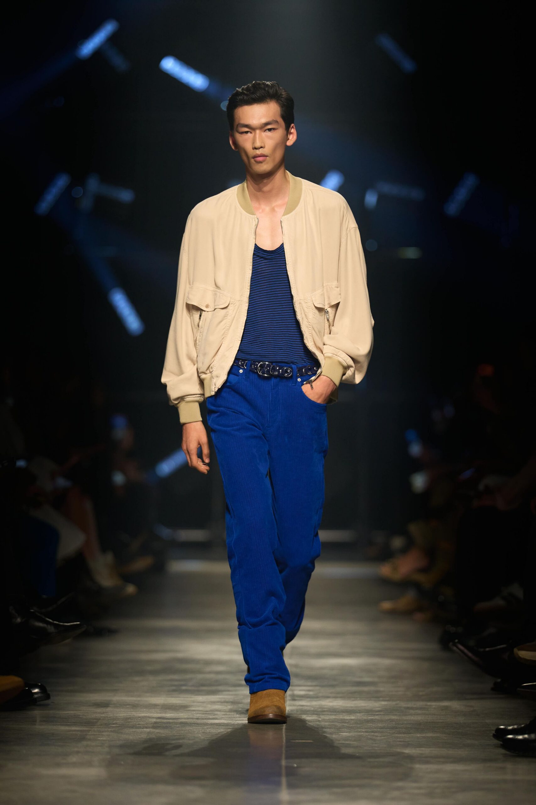 beige relaxed jacket blue top
