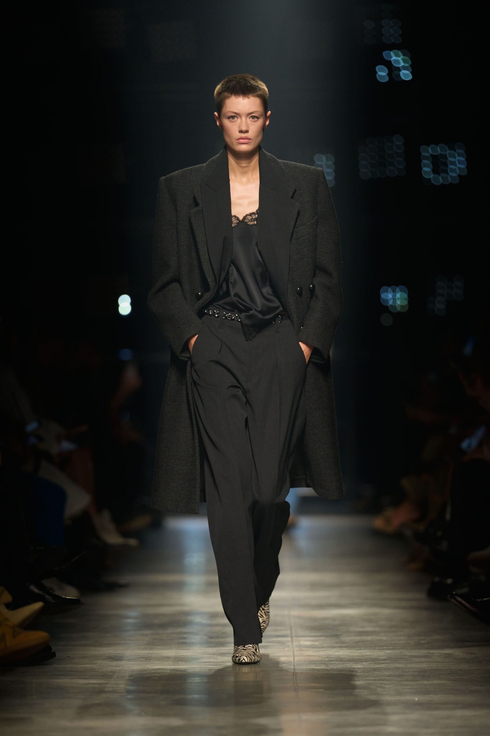 black wool coat with silk top